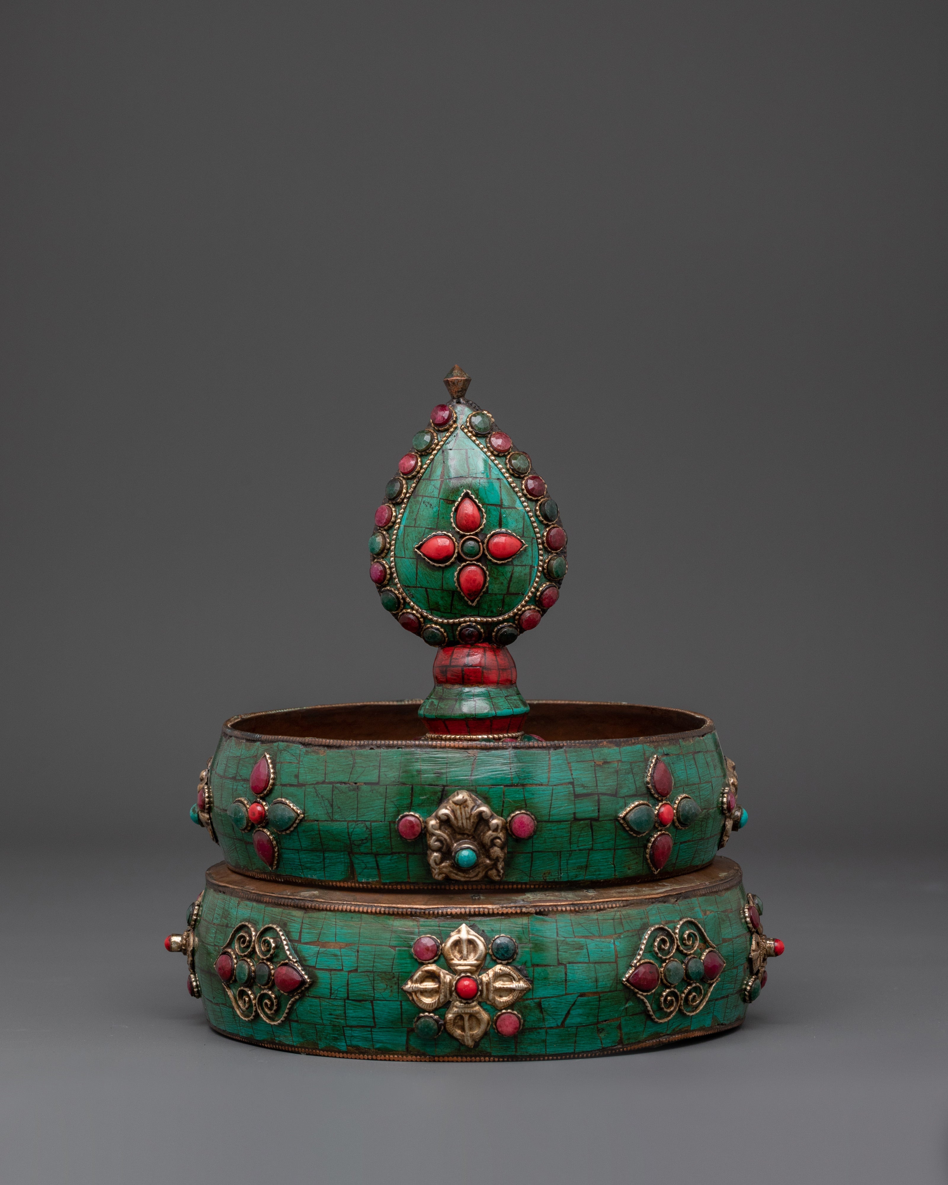 Handcrafted Buddhist Mandala Offering Set | Brass Ritual Set with Coral & Turquoise