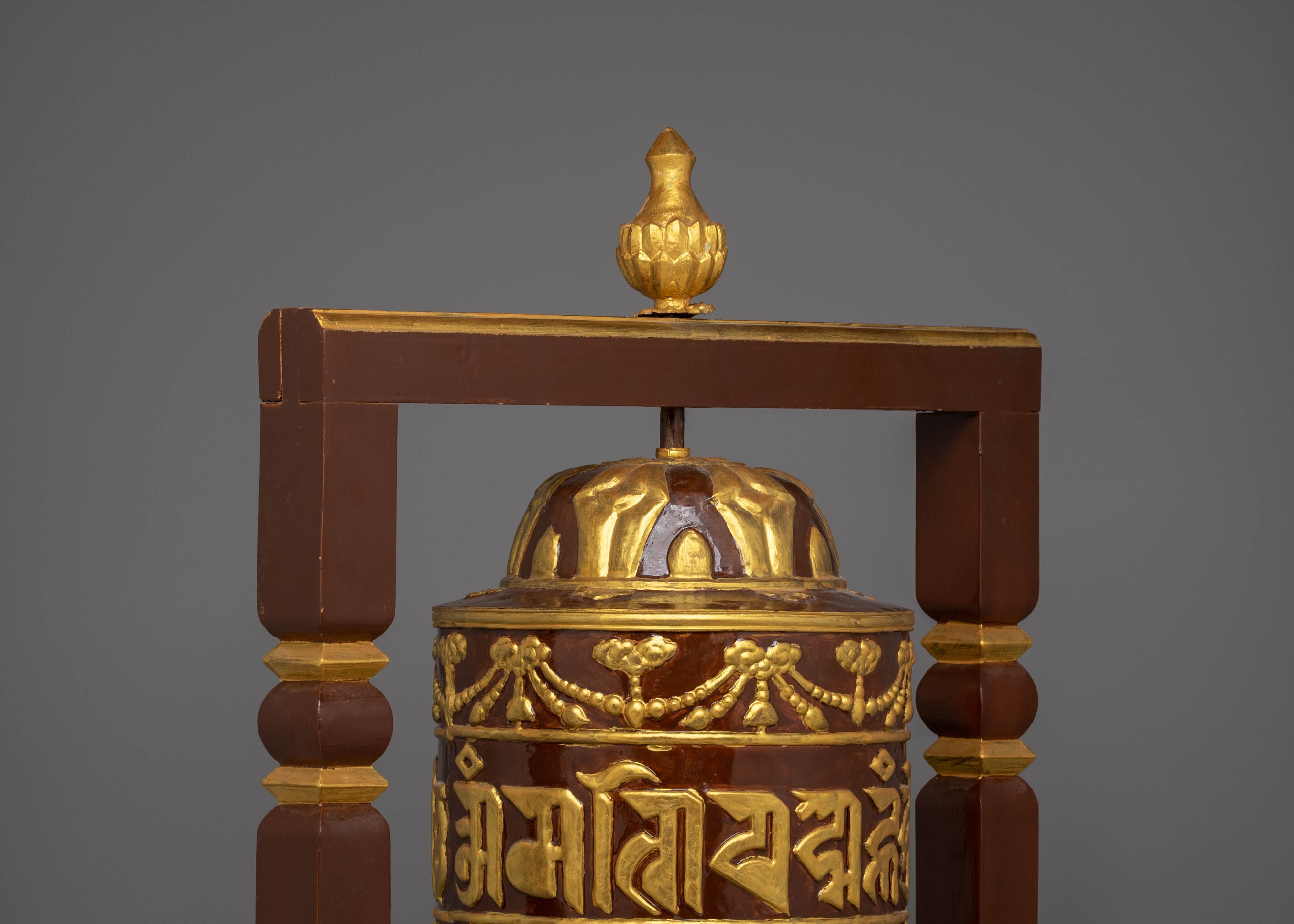 Prayer Wheel: Traditional Ritual Item | Copper Body with Acrylic Colors and Wood Base