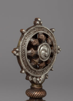 Silver-Plated Buddhist Dharma Wheel & Deer Set | Sacred Buddhist Symbol