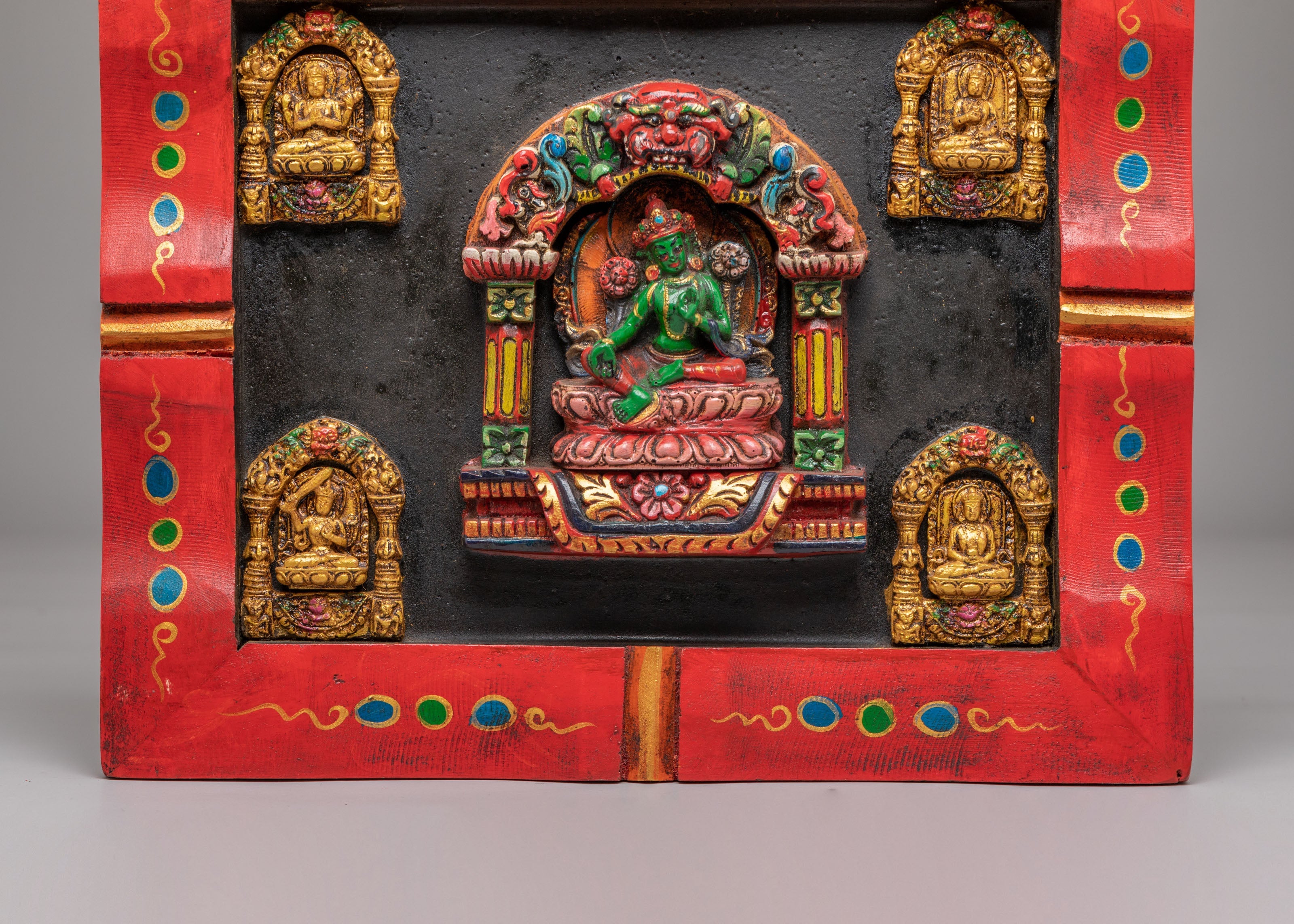 Buddhist Green Tara Wall Hanging | Buddhist Artwork with Chenrezig, Manjushri & Amitayus