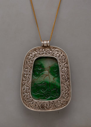 Jade Stone Pendant | Handmade with Carved Jade and Silver-Copper