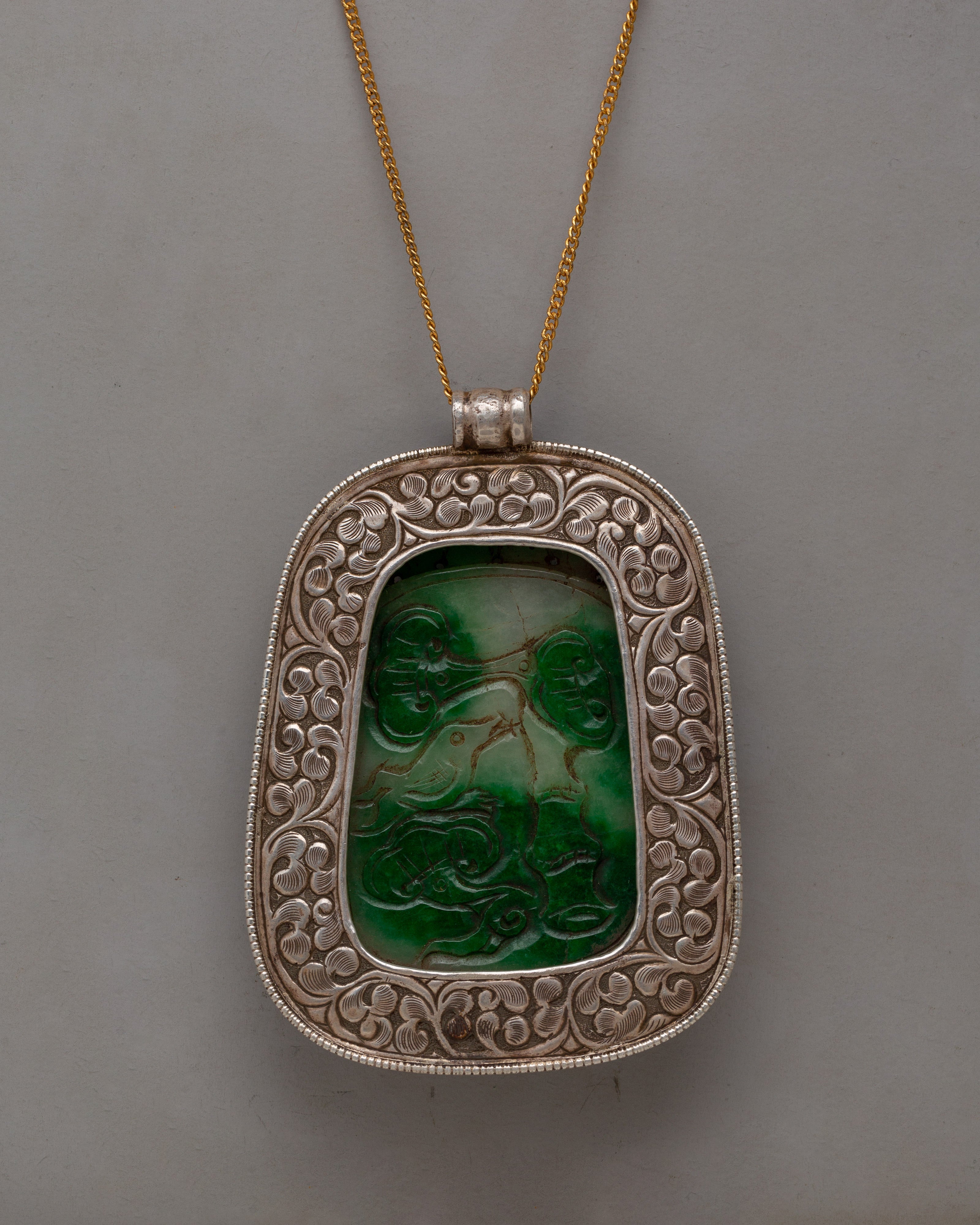 Jade Stone Pendant | Handmade with Carved Jade and Silver-Copper