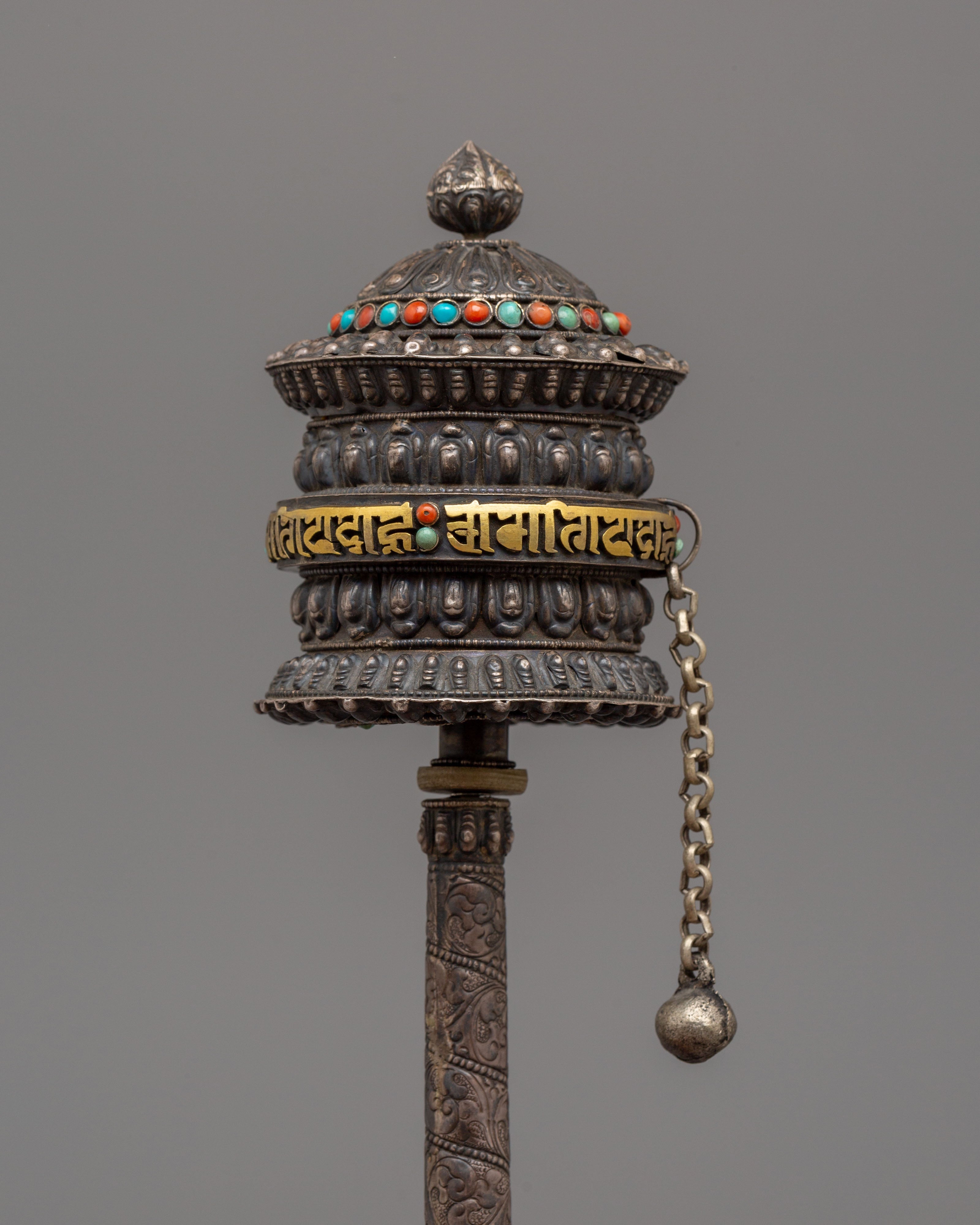 Handcrafted Traditional Prayer Wheel | Copper with Silver, Turquoise & Coral