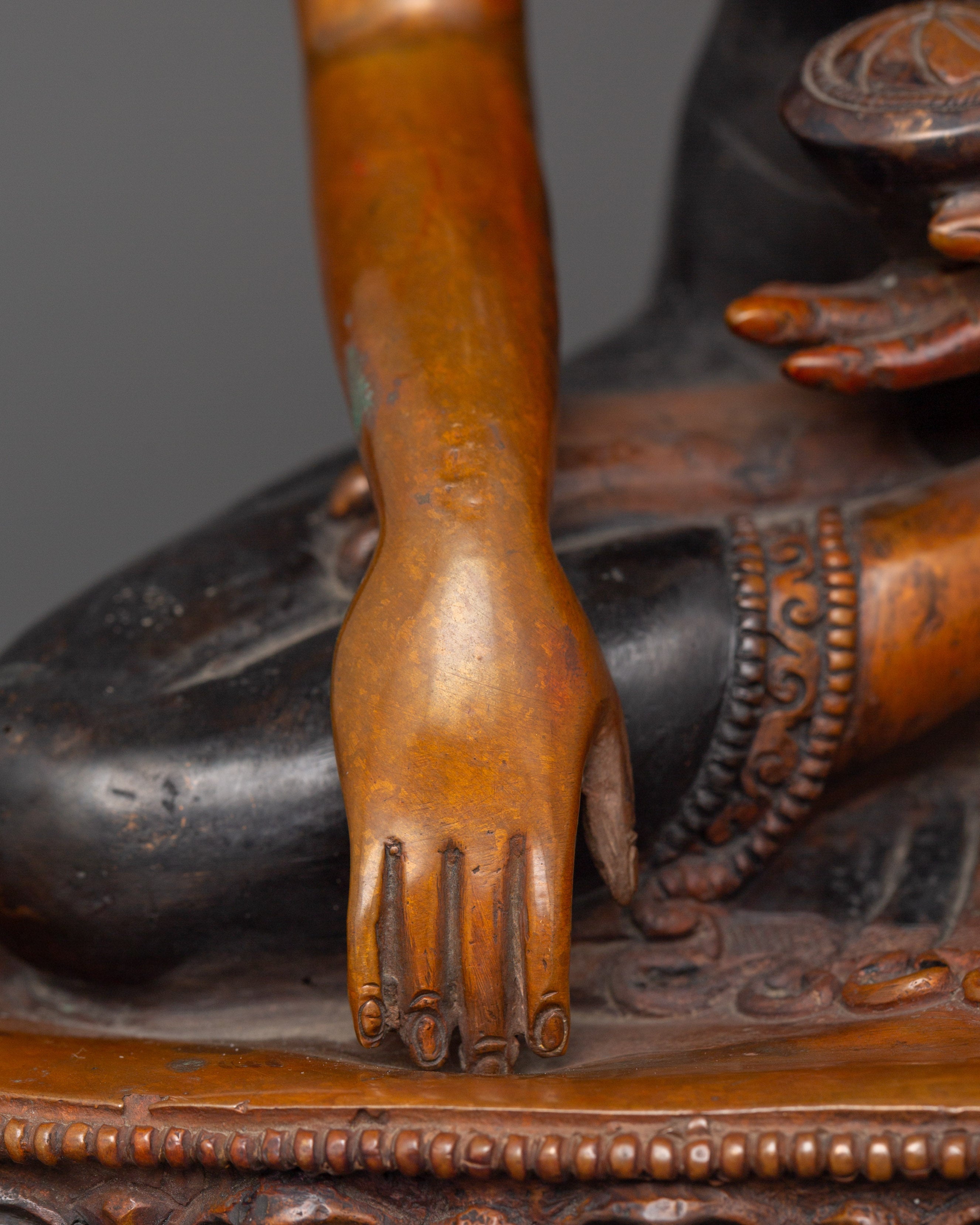 Shakyamuni Buddha Tibetan Altar Decor Statue | Oxidized Copper Body with Gold Plating