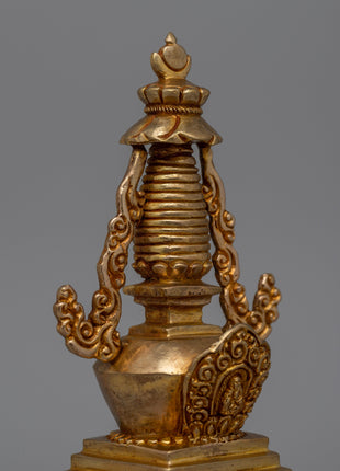 Religious Décor Gold-Plated Stupa | Sacred Altar Piece with Floral Patterns