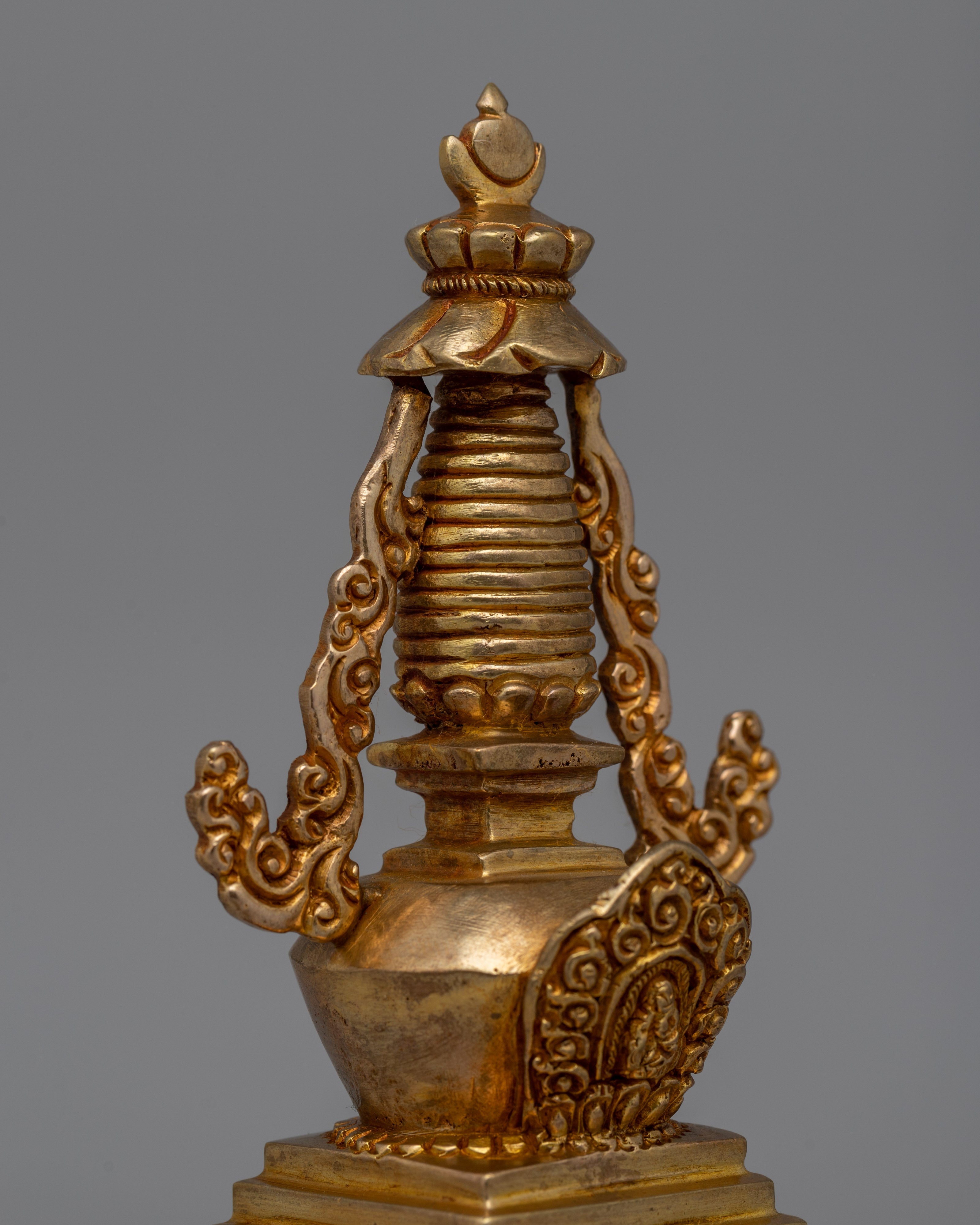 Religious Décor Gold-Plated Stupa | Sacred Altar Piece with Floral Patterns