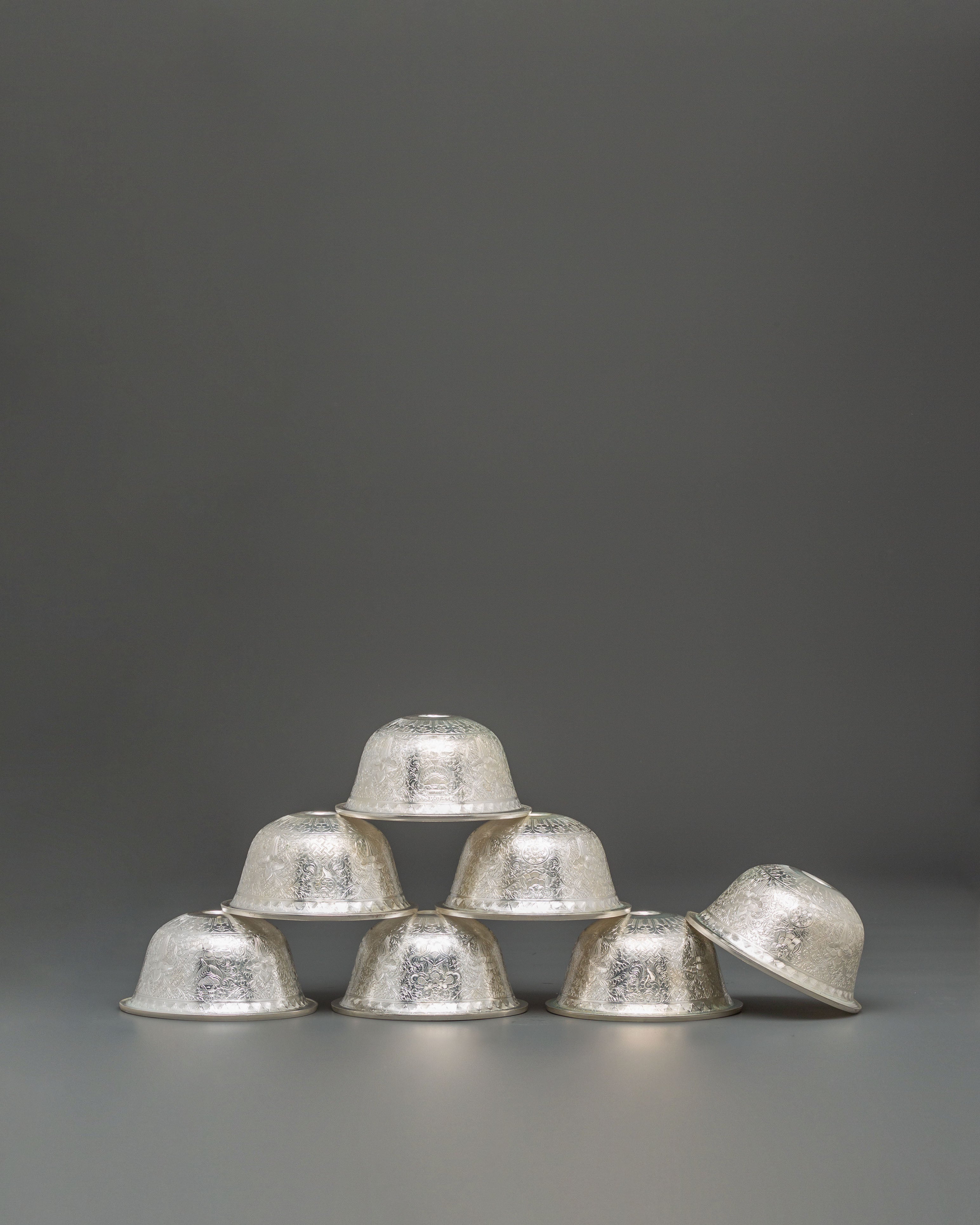 Copper Ritual Offering Bowl Set | Silver Plated Buddhist Altar Bowl