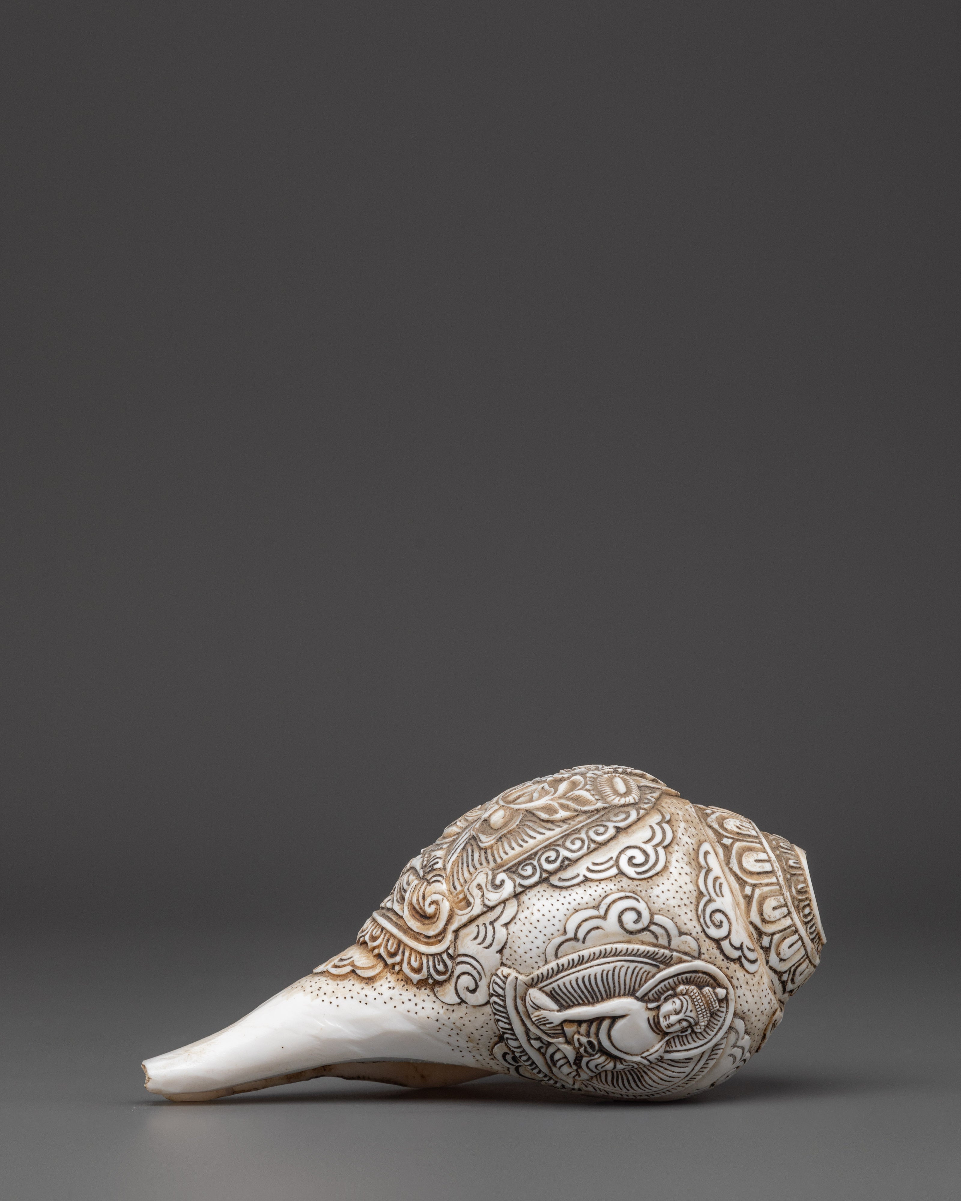 Hand carved Avalokiteshvara Design Conch Shell | Sacred Buddhist Spiritual Artifact