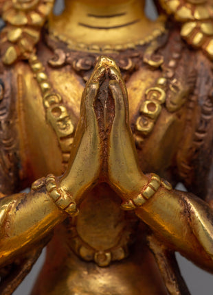 Gold Plated Chenrezig Statue | Avalokiteshvara Copper Buddha