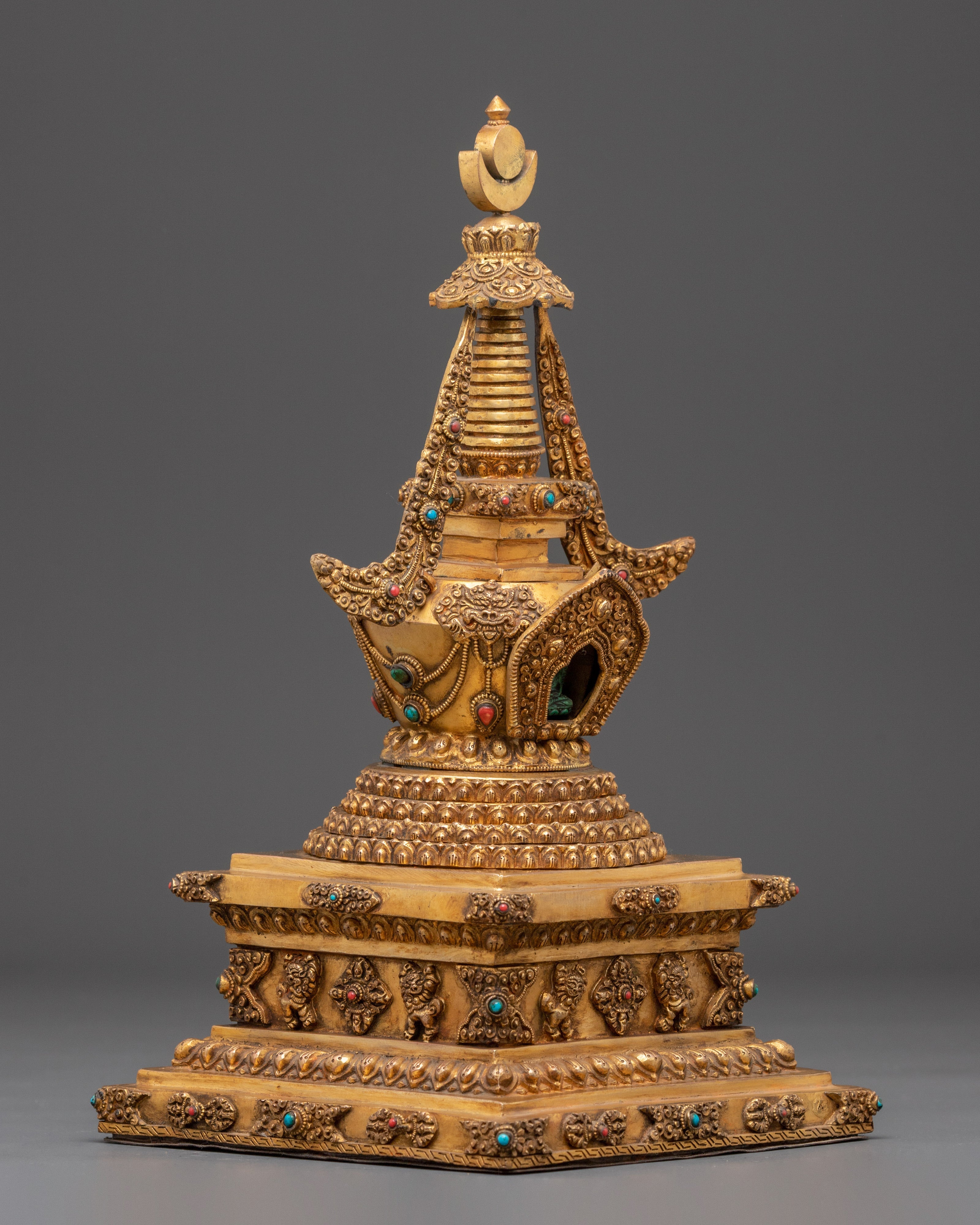 Handmade Gold Plated Buddhist Stupa with Buddha | Copper Stupa with Turquoise Inlay