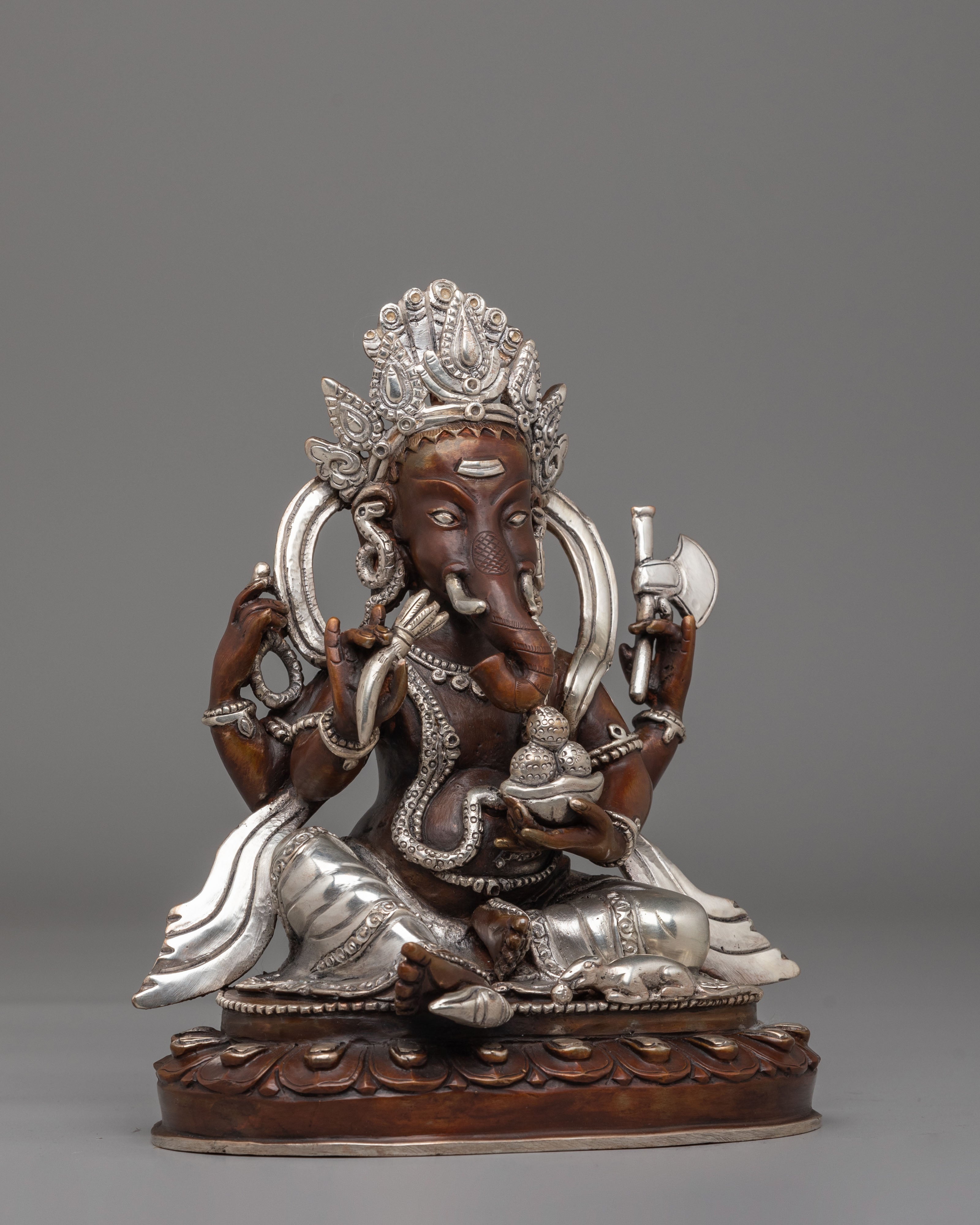 Handcrafted Lord Ganesha Statue | Oxidized Copper Body with Silver Plating