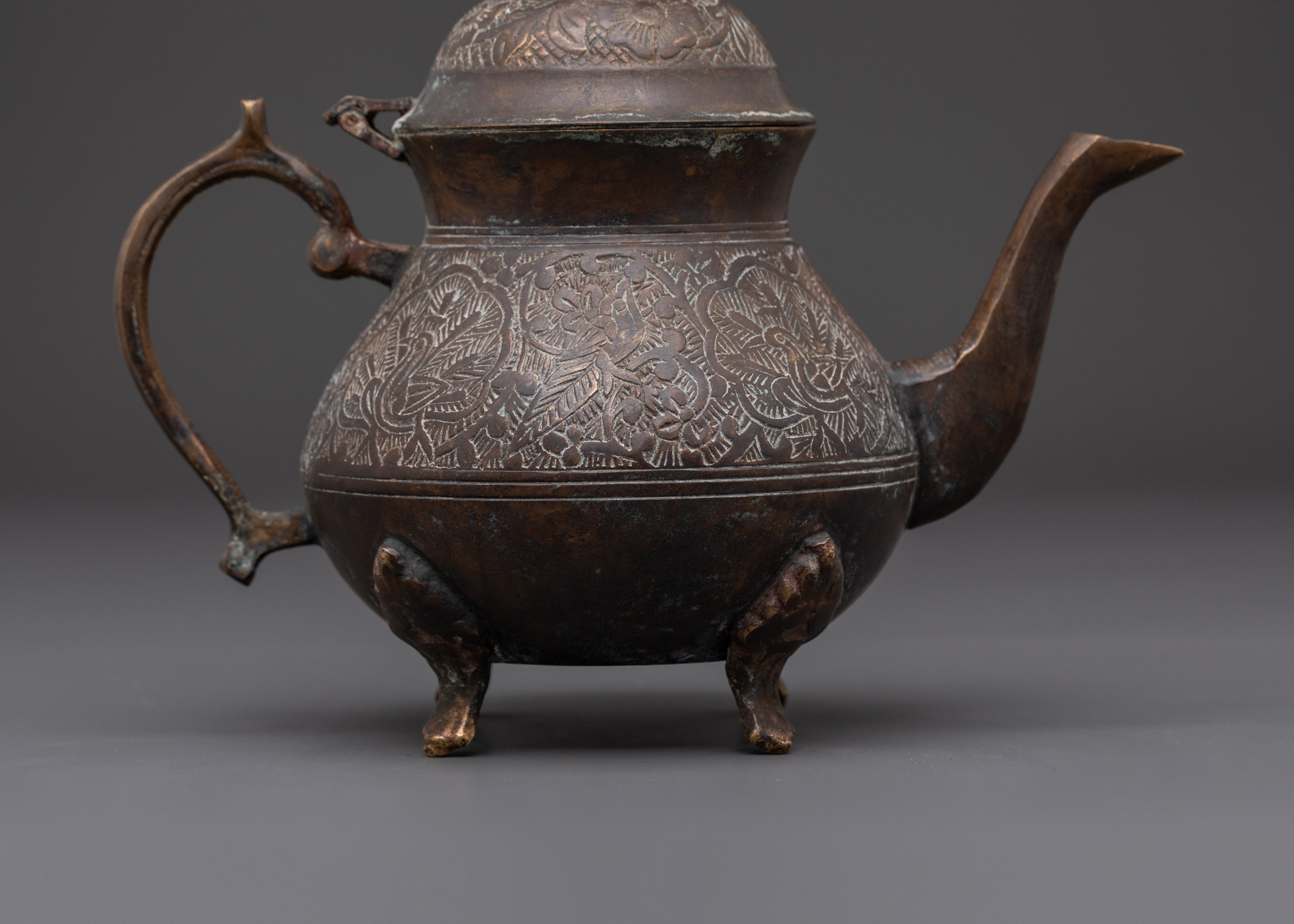 Copper Crafted Tea Pot |Tea Pot with Hand Carved Peacock Design