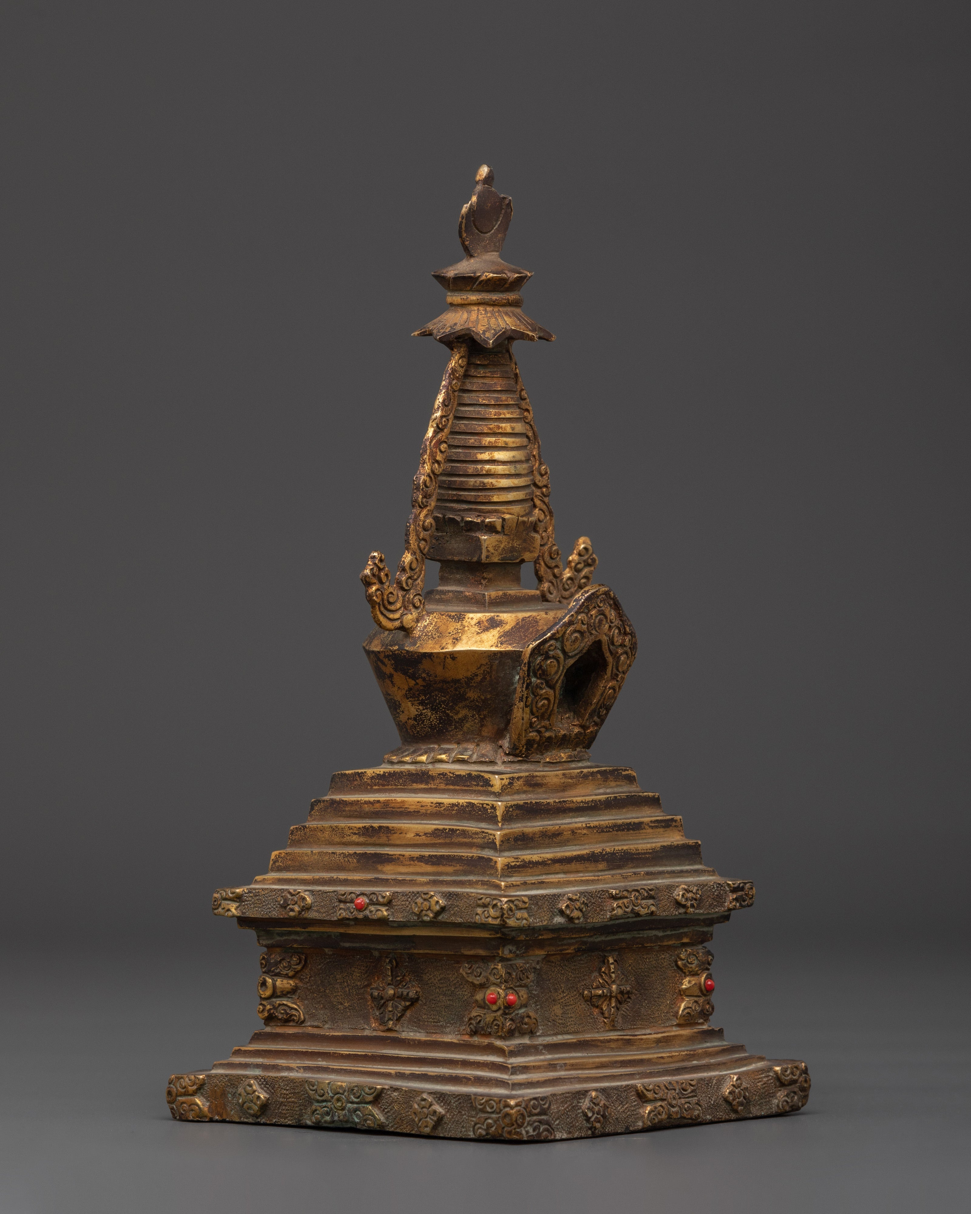 Gold Plated Himalayan Stupa |  Copper Body with Coral Stones