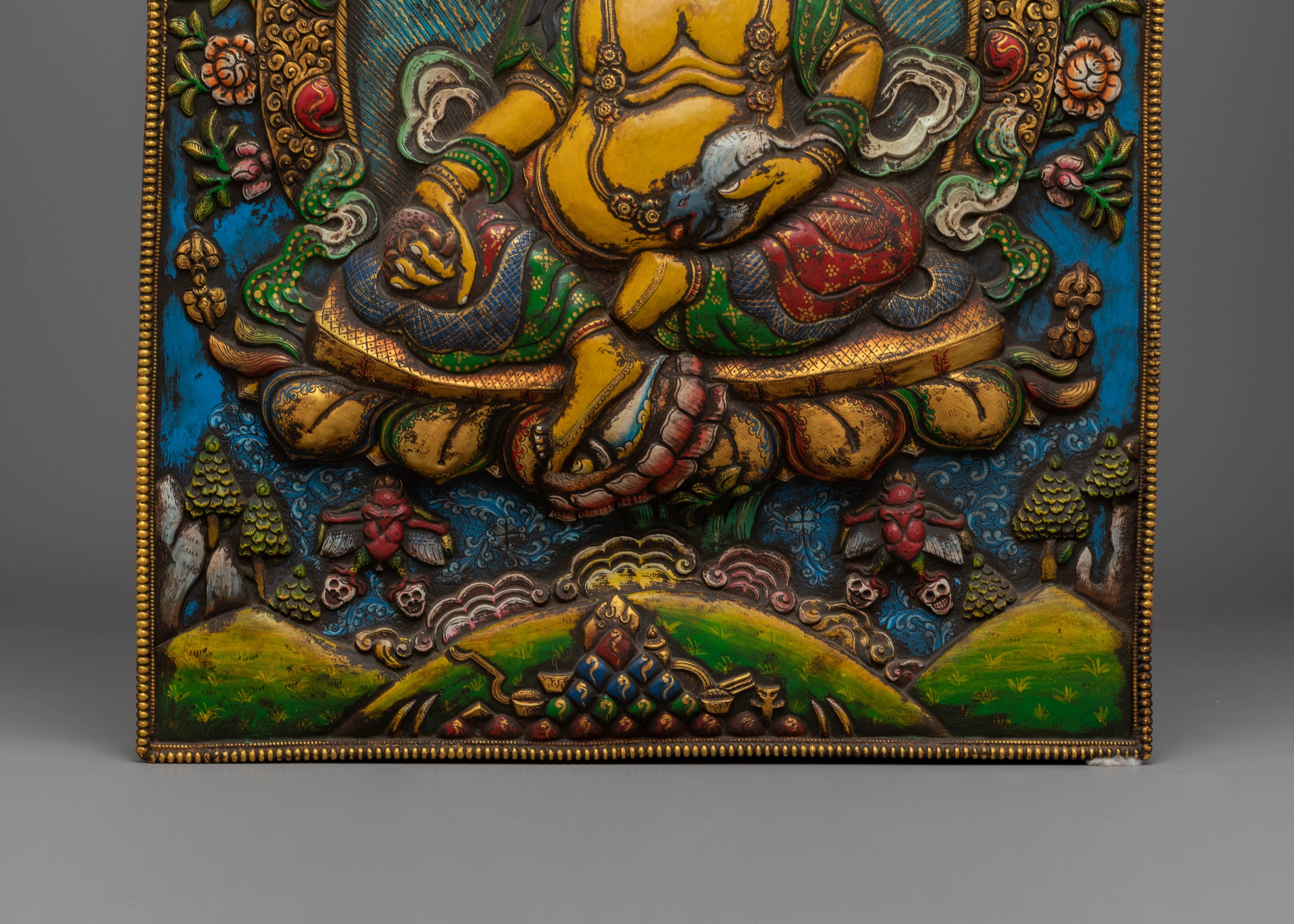 Sacred Yellow Dzambhala Wall Hanging | Tibetan Copper Art for Prosperity