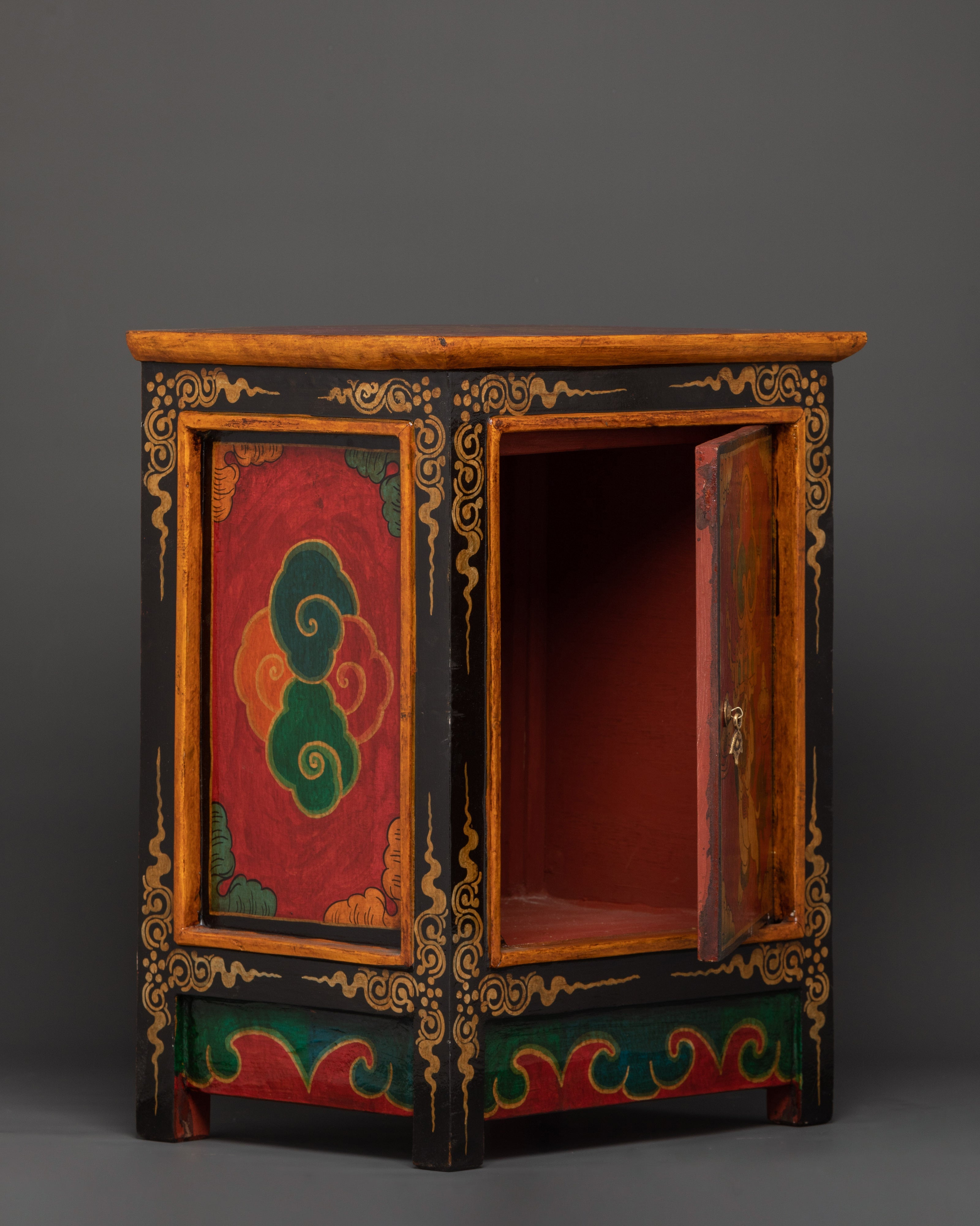 Handcarved Tibetan Wood Cabinet | Engraved Snow Lion Guardian