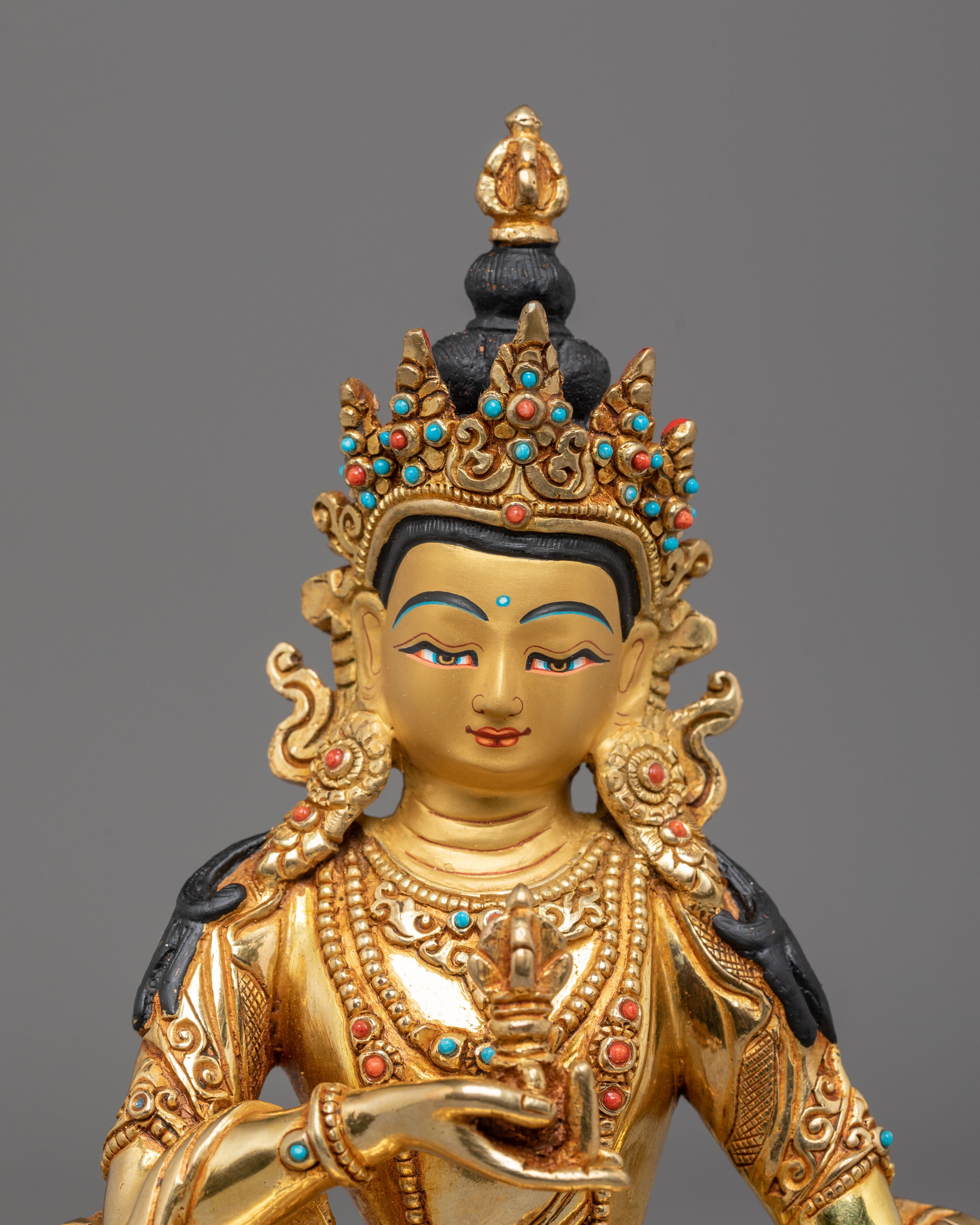 Vajrasattva Statue for Altar Decor | Gold Plated Copper Sculpture with Coral & Turquoise