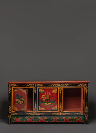 Hand-Carved Tibetan Wooden Cabinet with Door | Sacred Symbols and Artisan Detailing