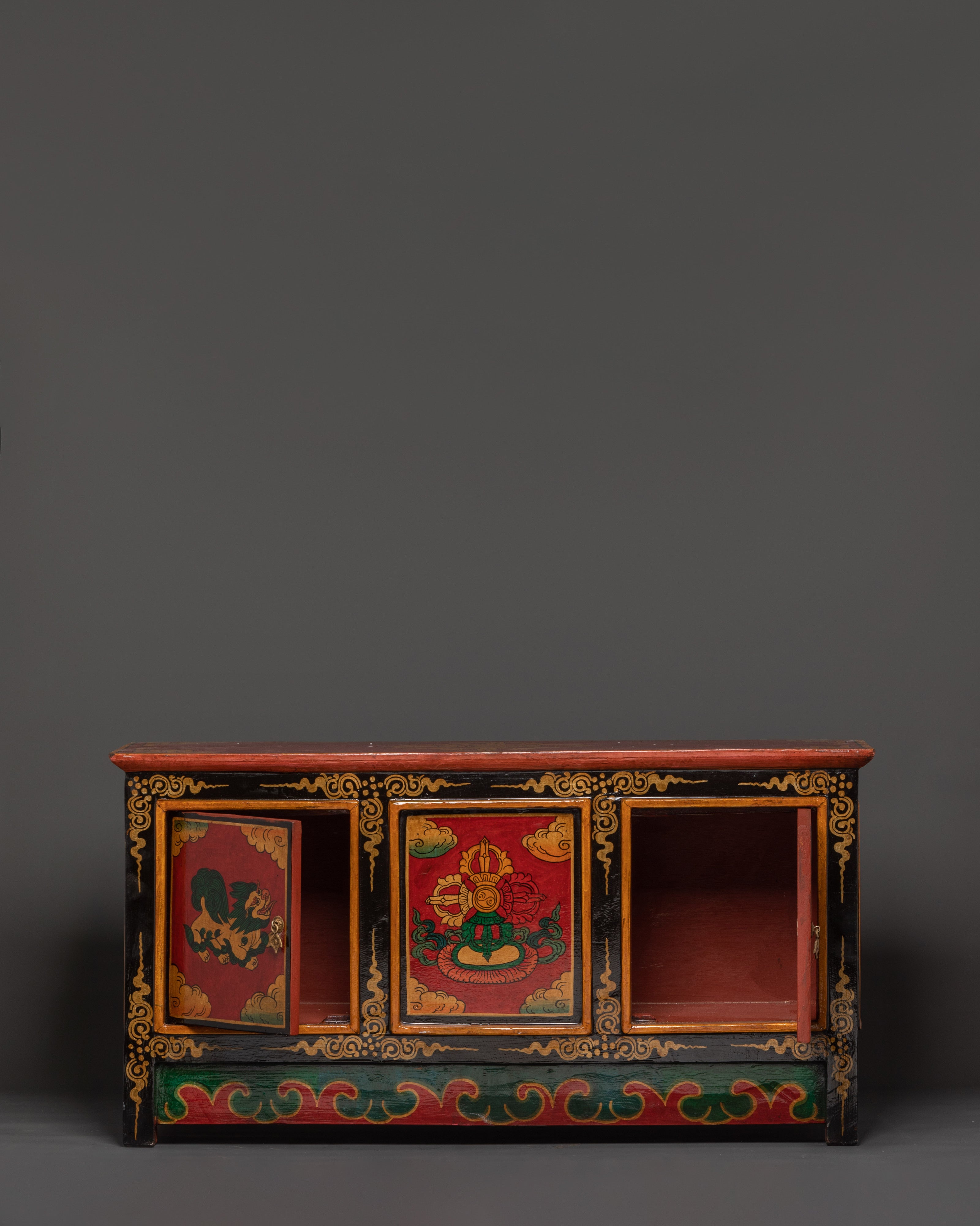 Hand-Carved Tibetan Wooden Cabinet with Door | Sacred Symbols and Artisan Detailing