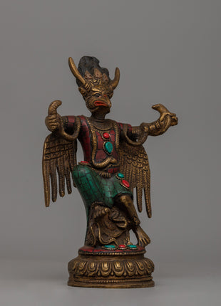 Copper Garuda Statue with Turquoise | Tibetan deity sculpture