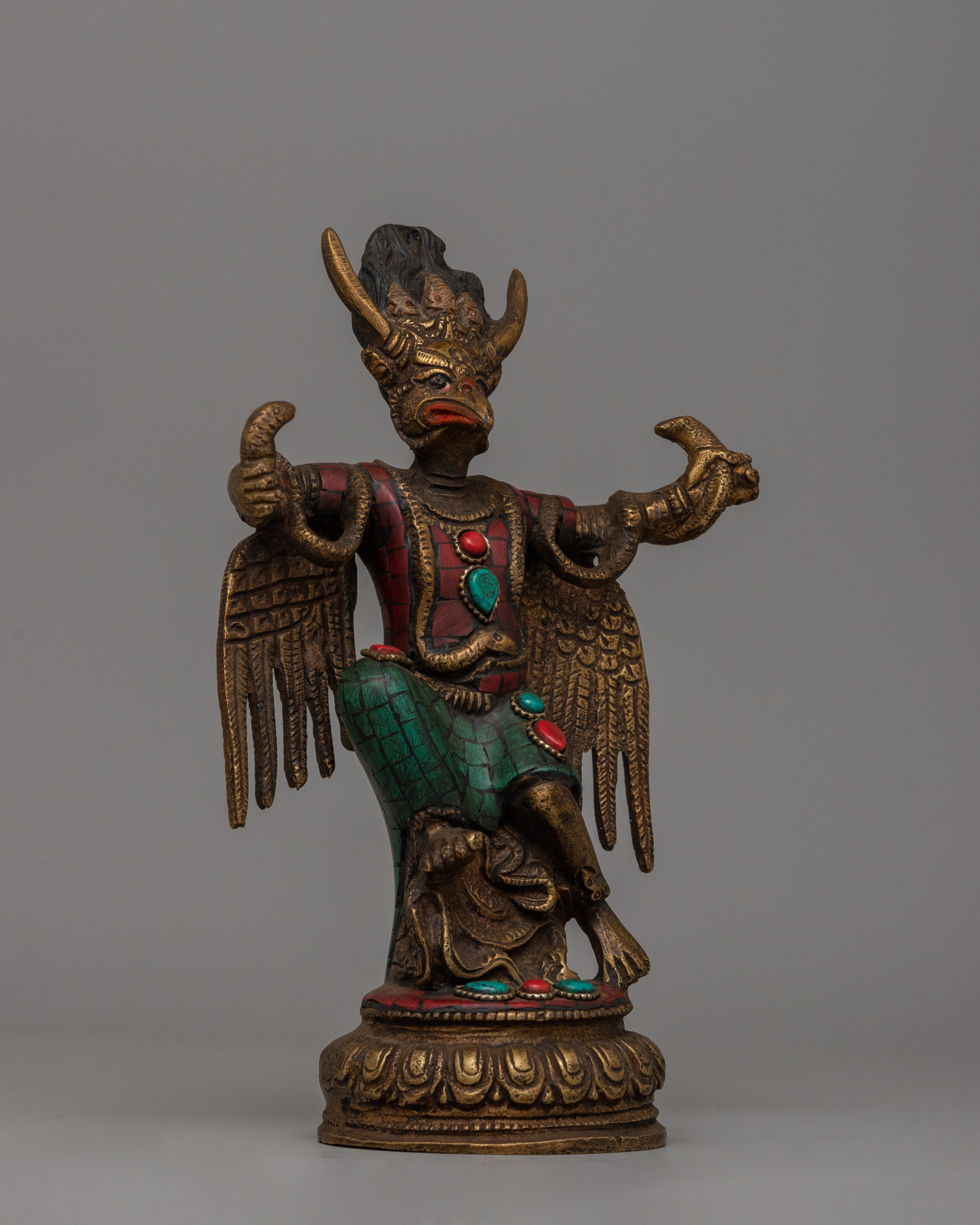 Copper Garuda Statue with Turquoise | Tibetan deity sculpture