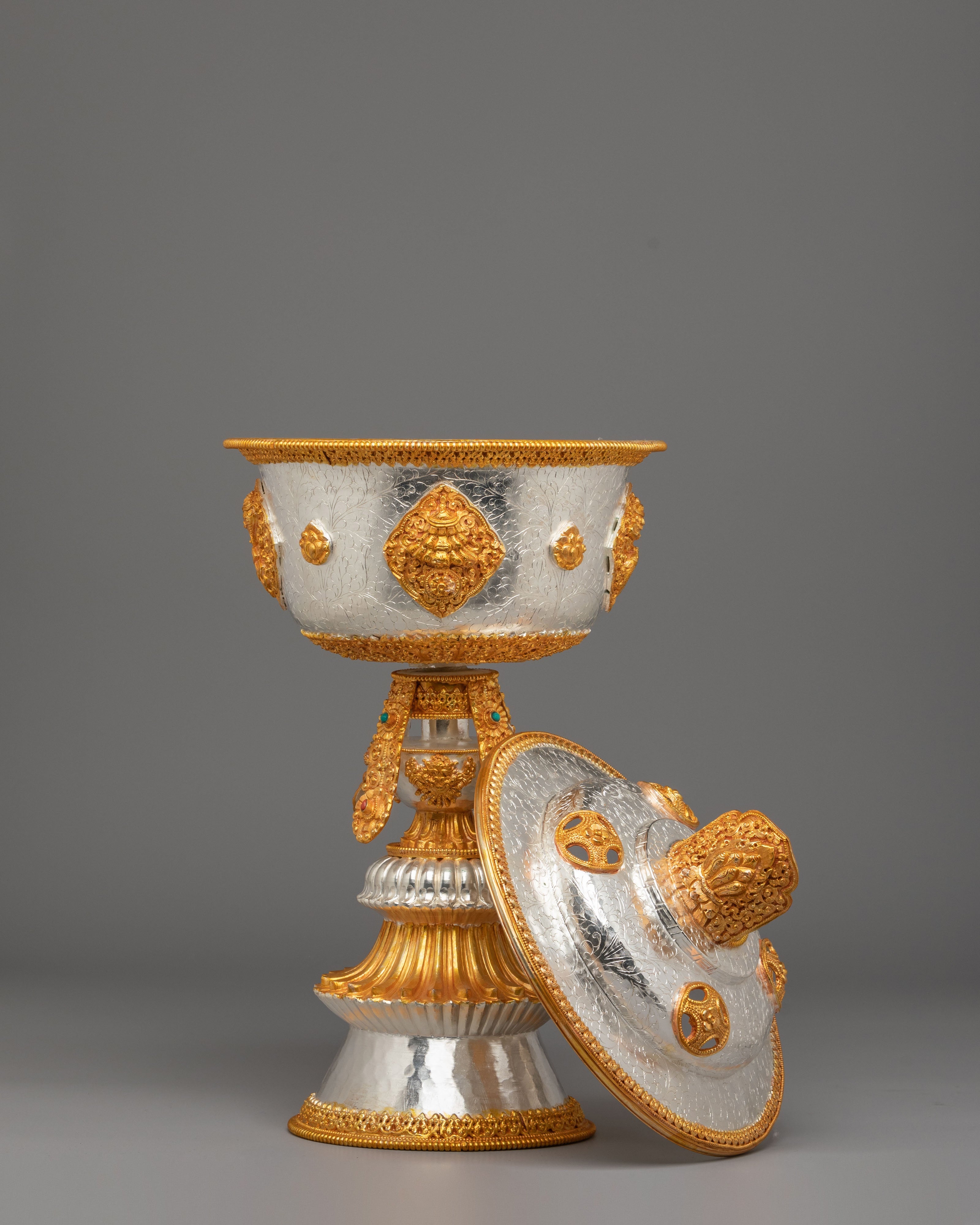 Sacred Ceremonial Butter Lamp | Gold Silver Ritual Lamp