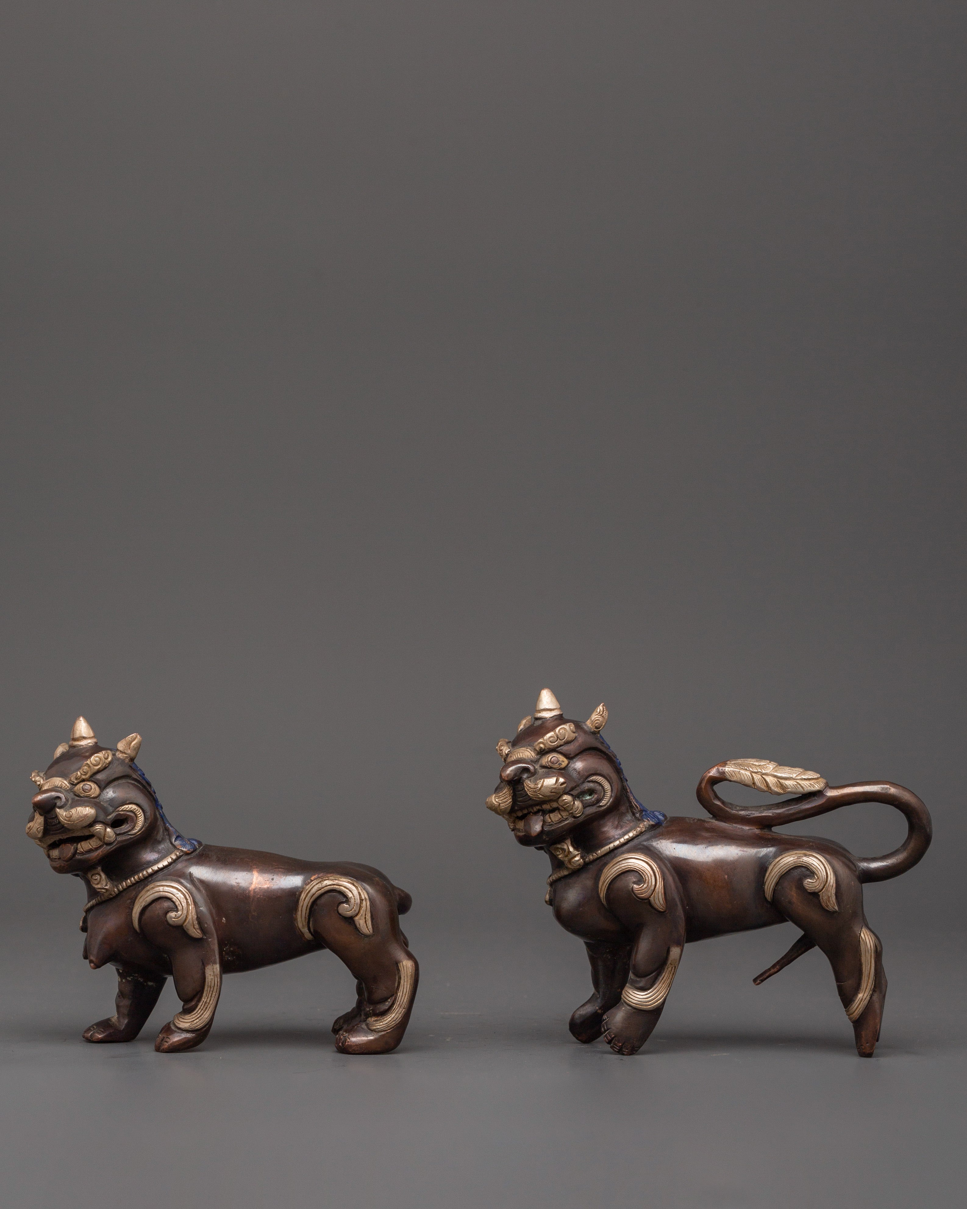 Tibetan Snow Lion Statue Set | Handcrafted Buddhist Guardian Figures