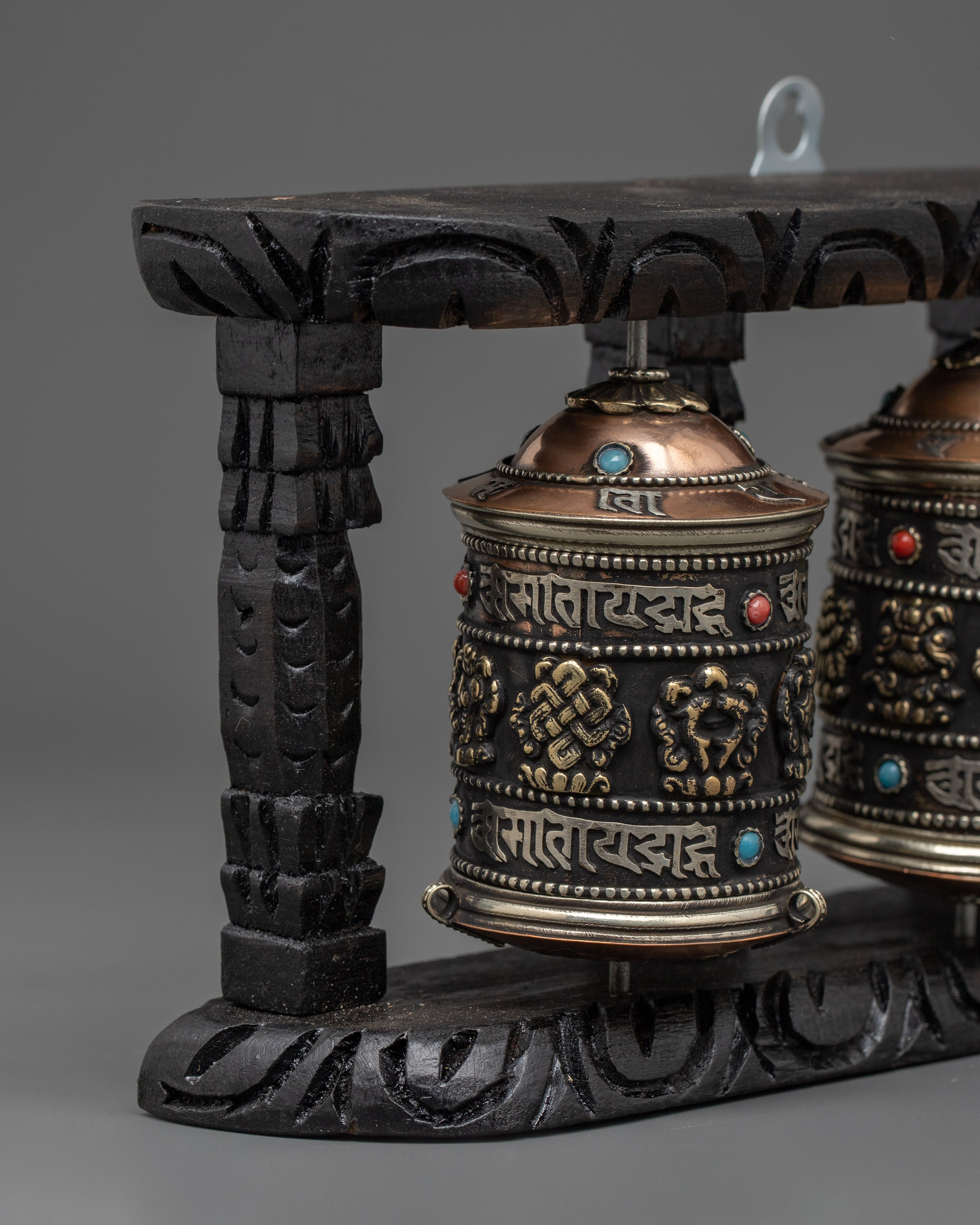 Triple Mantra Prayer Wheel Set | Sacred Mantra Spinners for Altar Decor