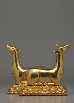 Gold-Plated Dharma Wheel with Deer Set | Spiritual Meditation Gift