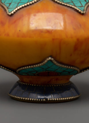 Amber Rice Pot Buddhist Altar Decor | Turquoise & Lapis Inlaid Ritual Rice Pot