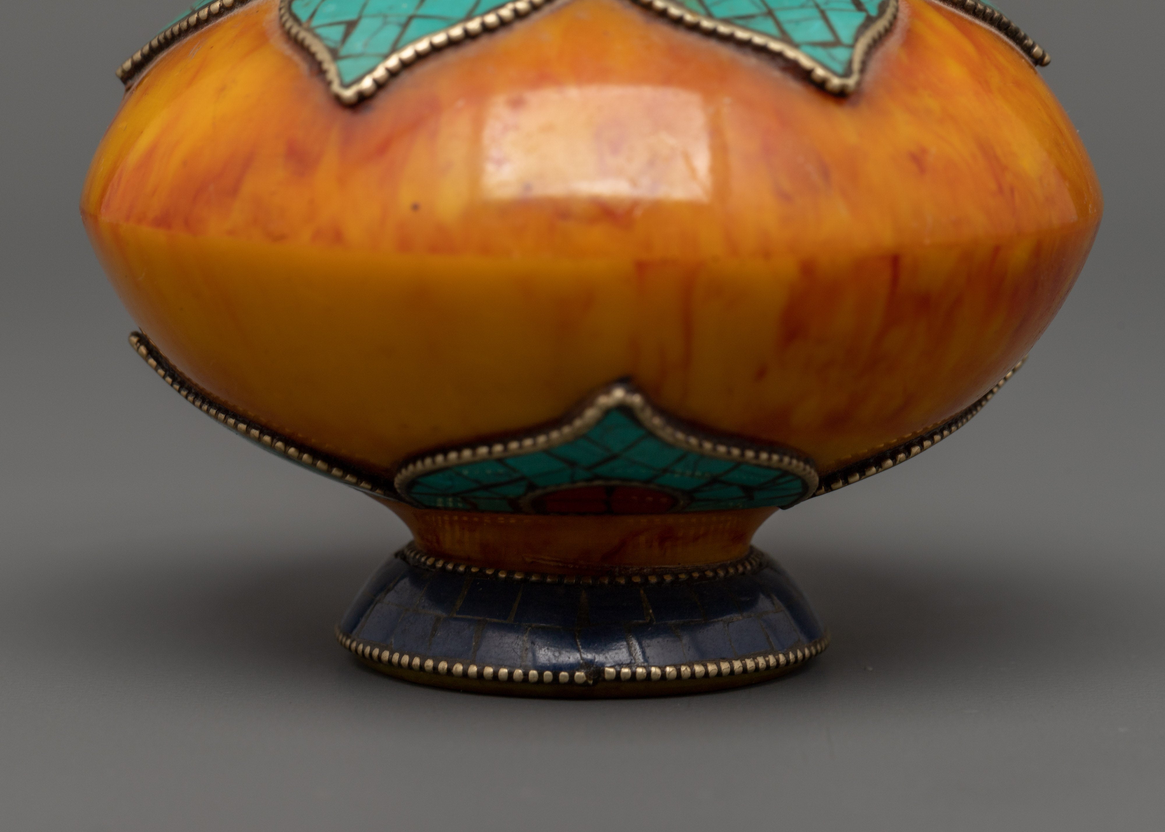 Amber Rice Pot Buddhist Altar Decor | Turquoise & Lapis Inlaid Ritual Rice Pot
