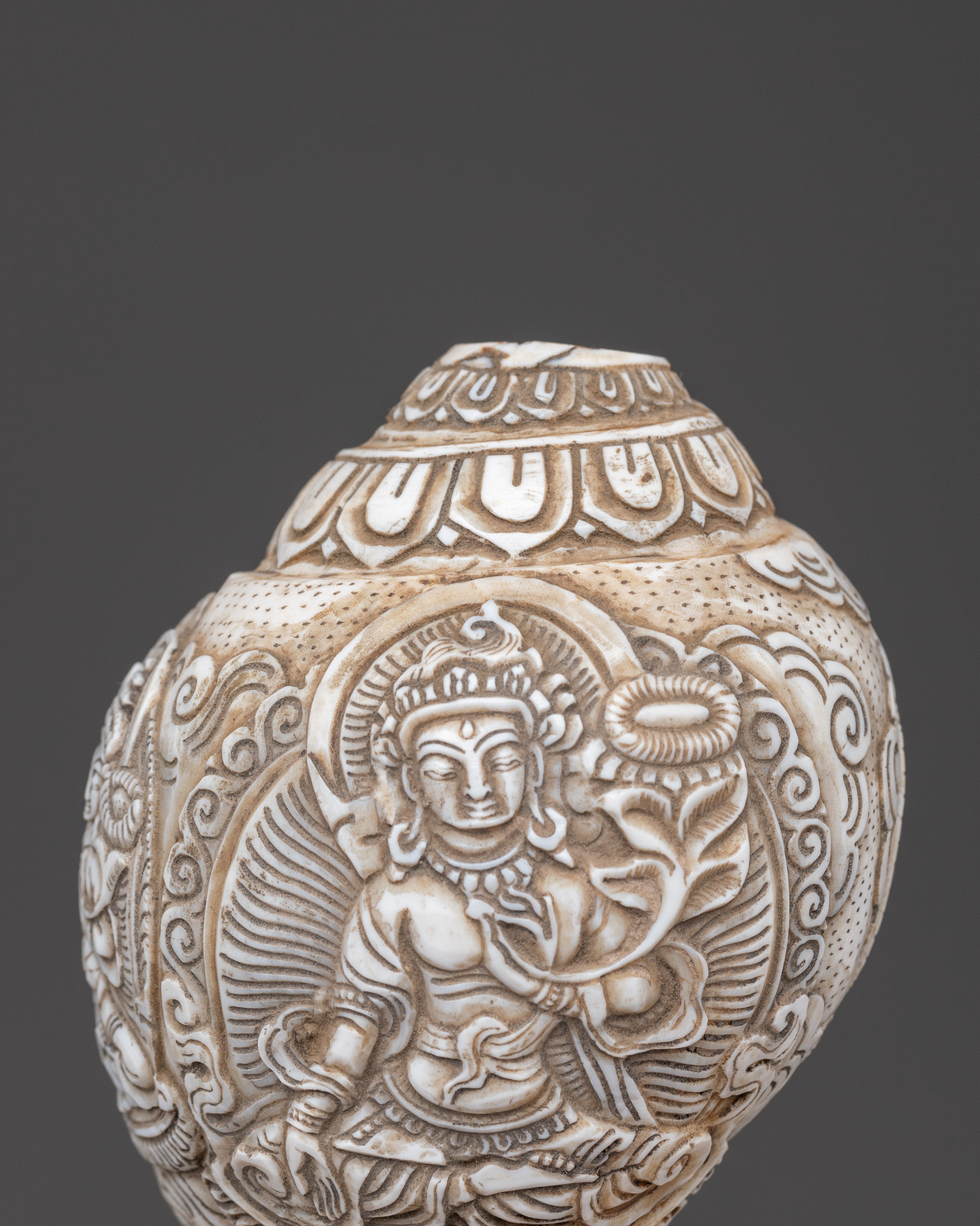 Hand carved Avalokiteshvara Design Conch Shell | Sacred Buddhist Spiritual Artifact