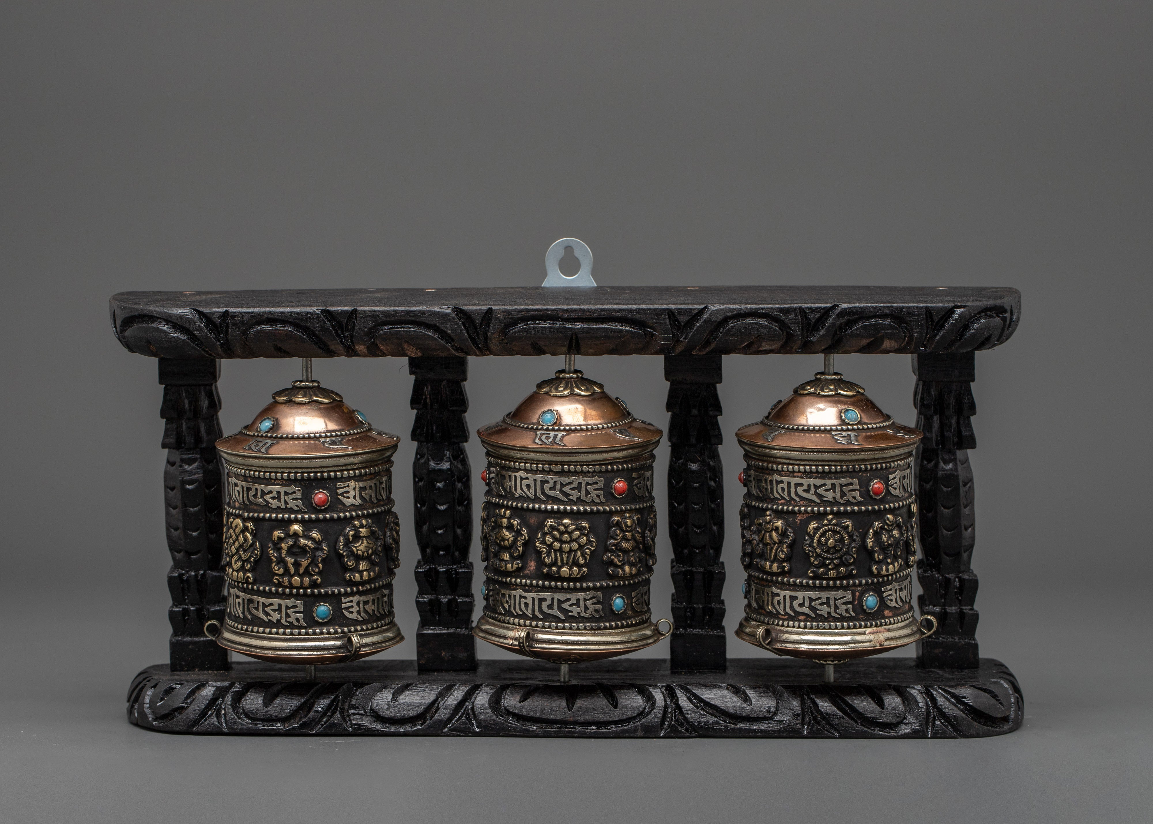 Triple Mantra Prayer Wheel Set | Sacred Mantra Spinners for Altar Decor