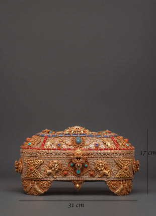 Gold-Plated Copper Tibetan Treasure Box | Coral & Turquoise Stones Inlaid Handcrafted Box