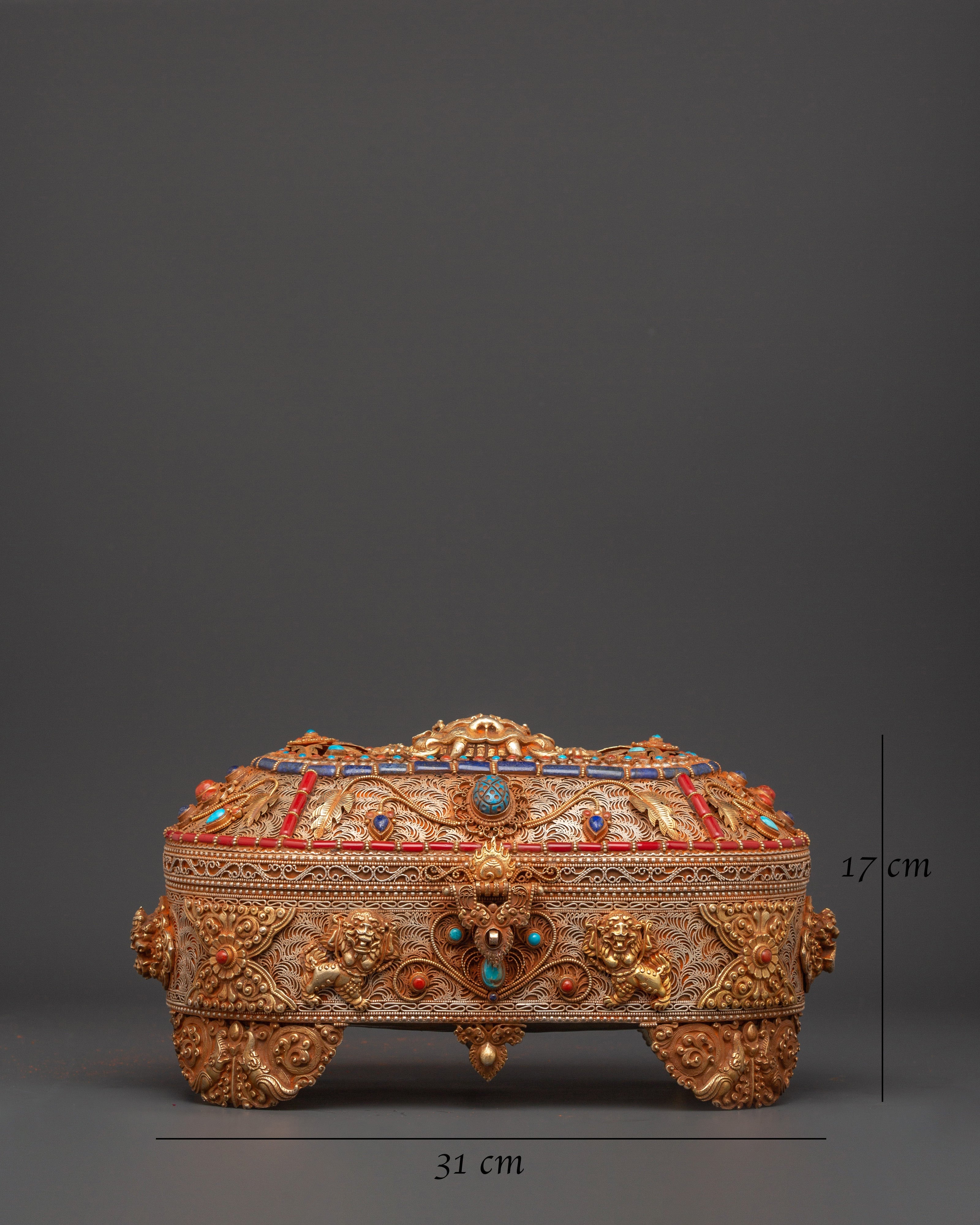 Gold-Plated Copper Tibetan Treasure Box | Coral & Turquoise Stones Inlaid Handcrafted Box