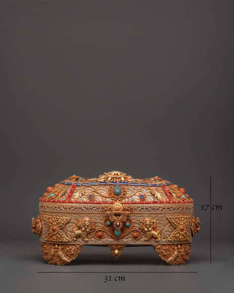 Gold-Plated Copper Tibetan Treasure Box | Coral & Turquoise Stones Inlaid Handcrafted Box