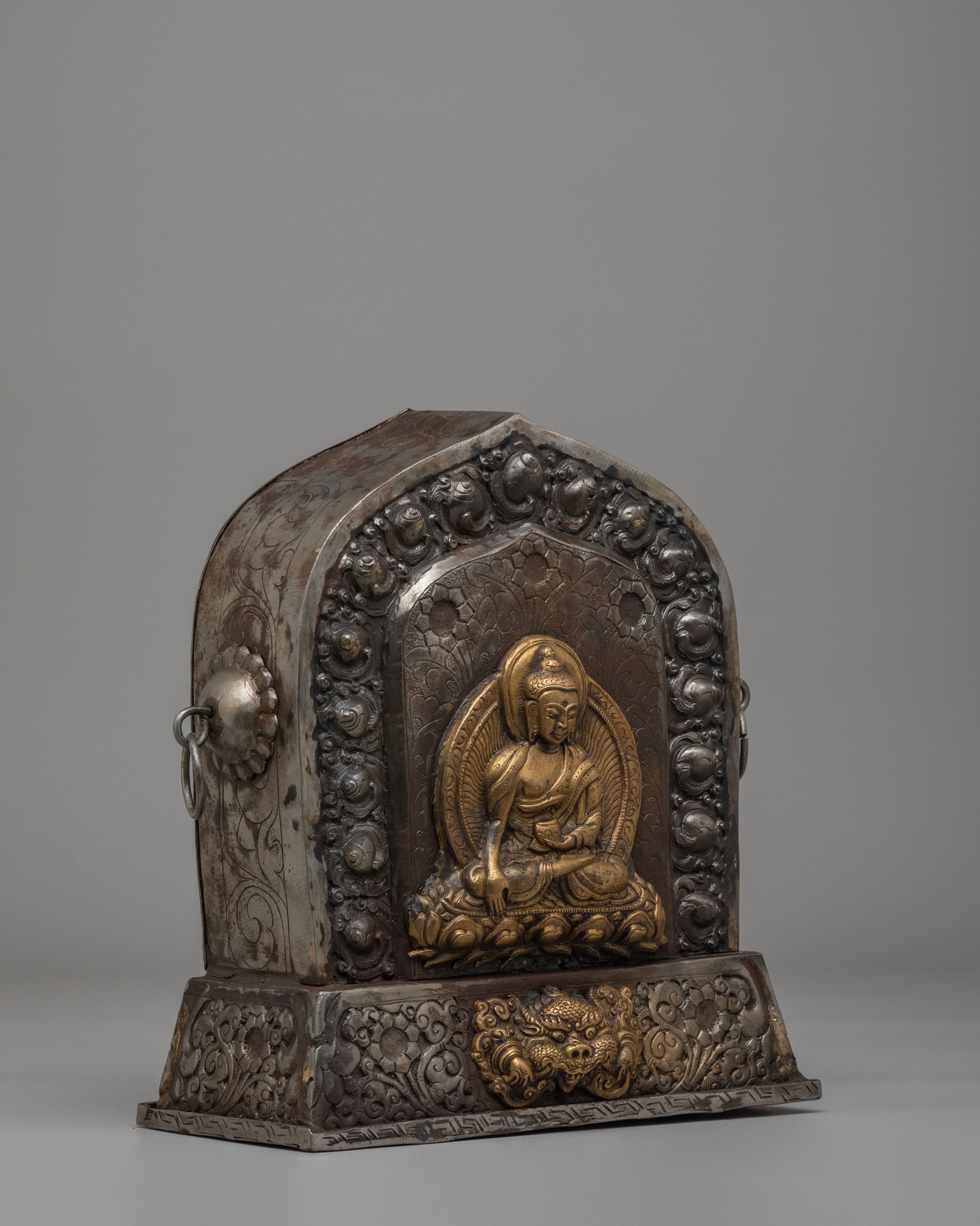 Handmade Shakyamuni Buddha Altar Box | Copper & Iron Ghau Box for Sacred Offerings