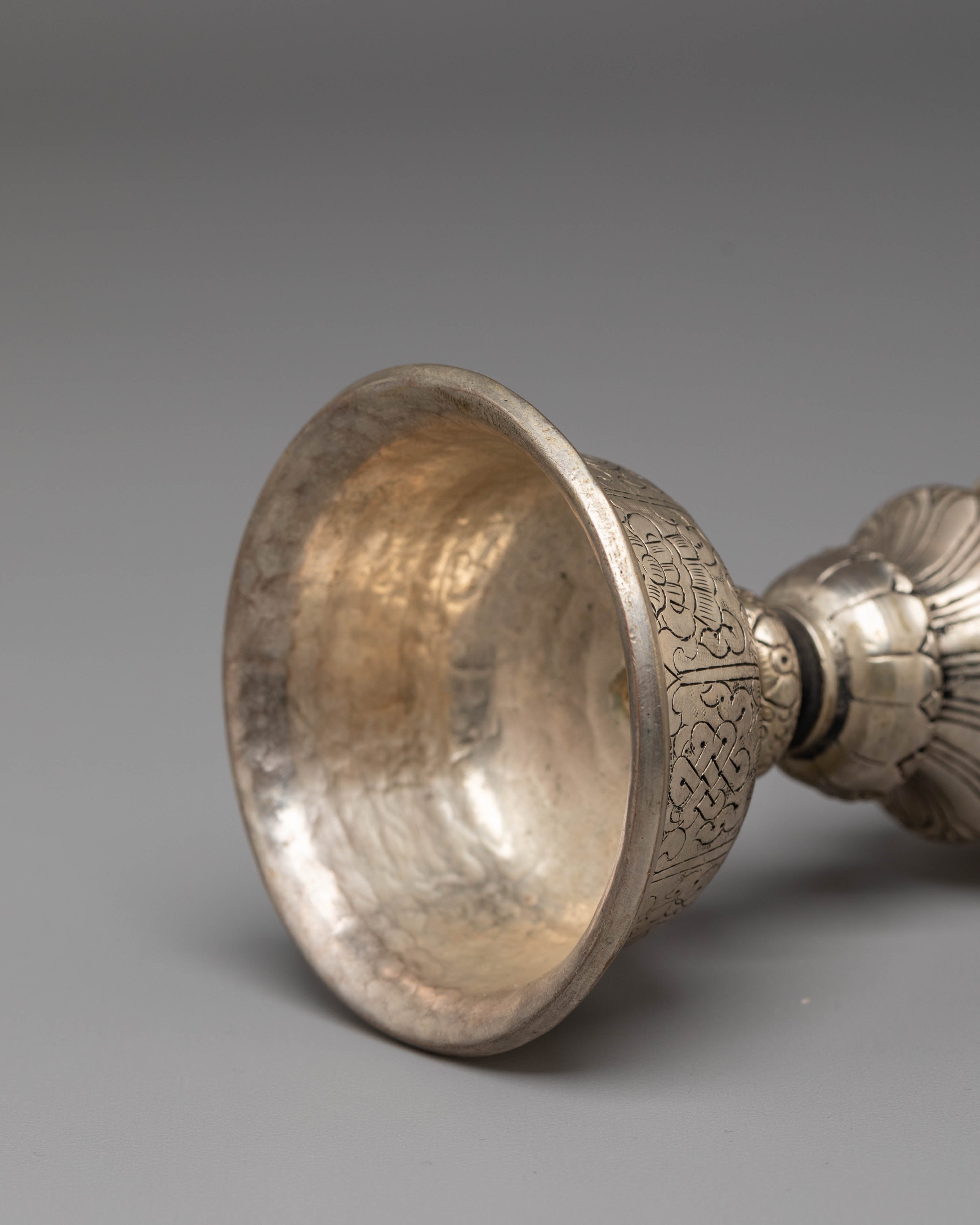 Handmade Buddhist Dharma Offering Lamp | Silver Plated Copper Ritual Light