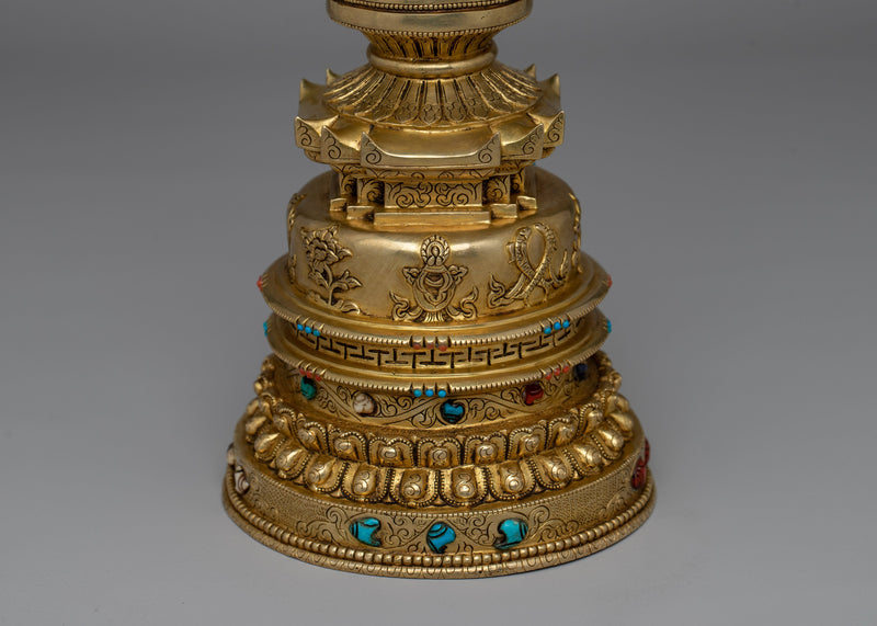 24K Gold-Gilded Buddhist Stupa | Spiritual Décor with Semi-Precious Stones