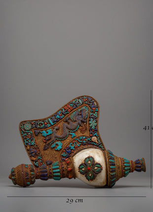 Tibetan Ritual Conch Shell (Shankha) with Precious Stones | Spiritual Practices