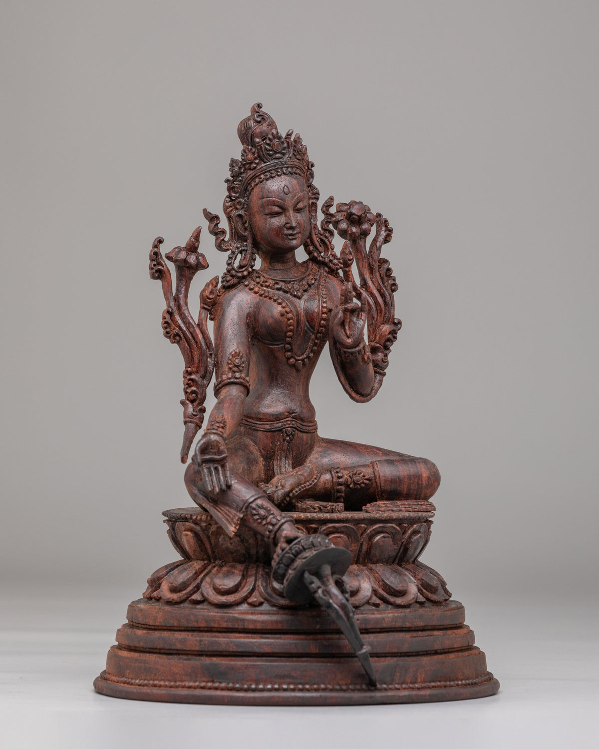 Handcarved Wooden Green Tara Altar Statue | Buddhist Goddess of Compassion