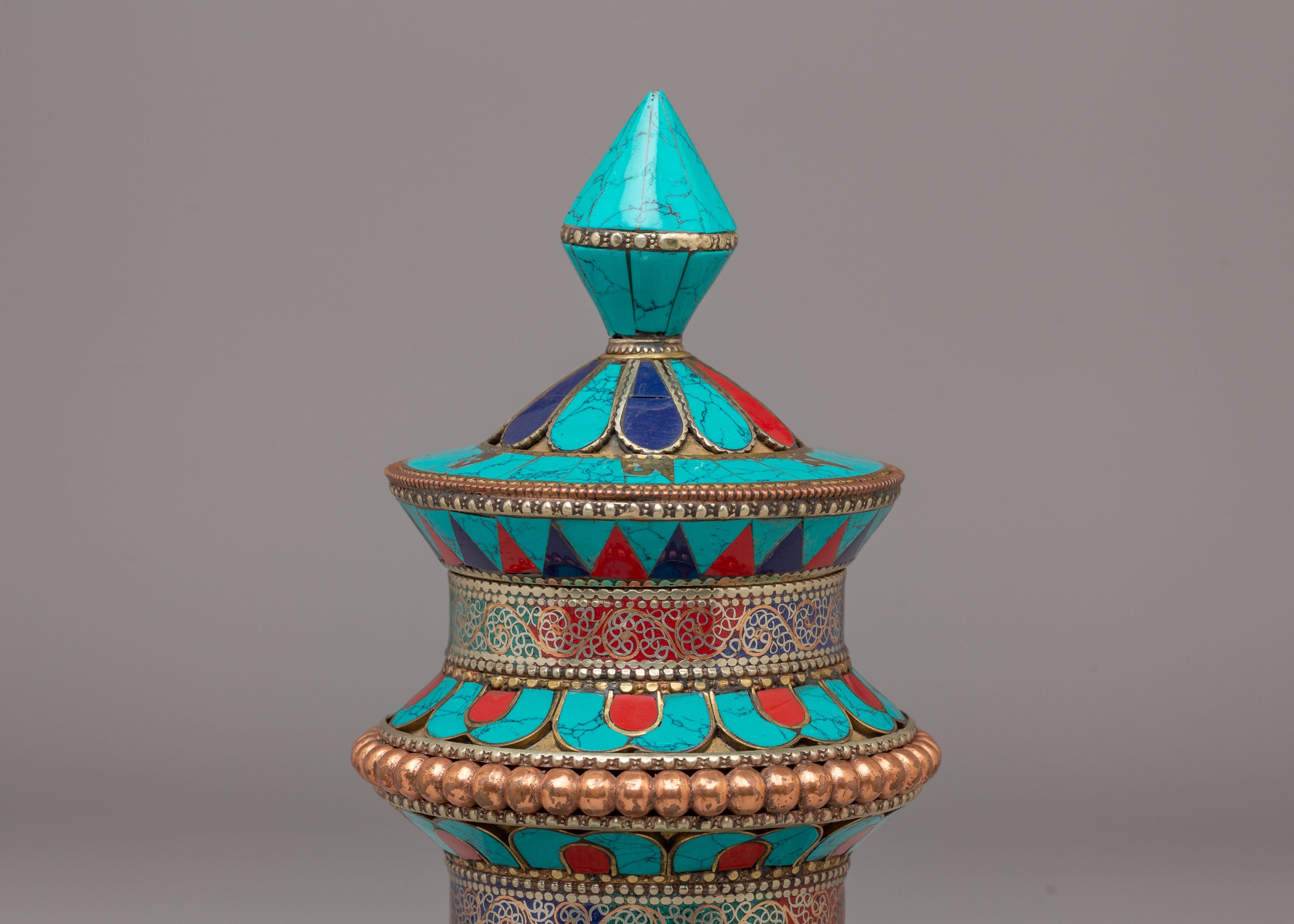 Handmade Tibetan Ritual Prayer Wheel | Copper Body with Gemstones