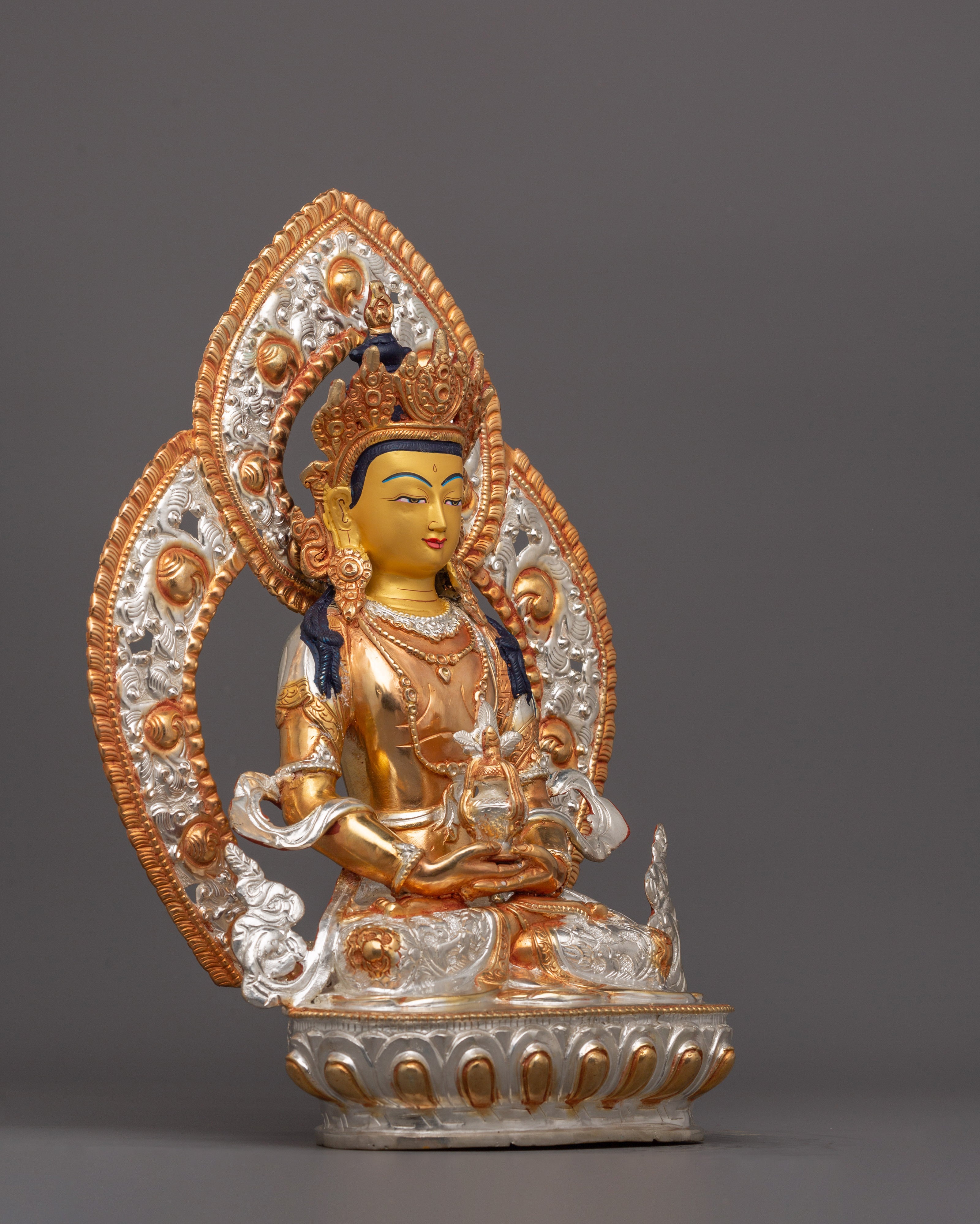 Handmade Buddha Amitayus Statue | Handmade Gold and Silver-Plated Copper Sculpture for Altar