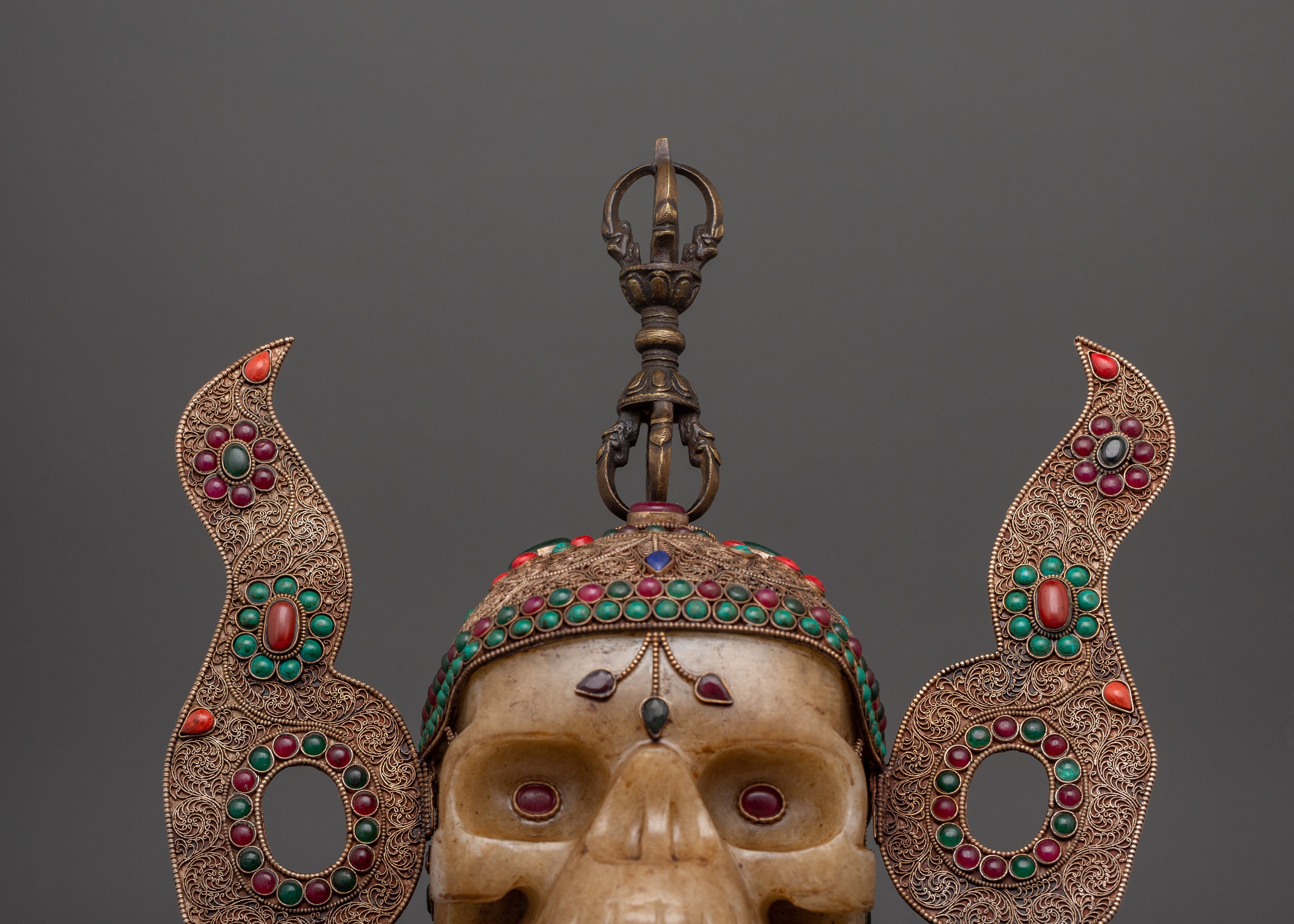 Mystic Skull Decor Copper Body with Silver Plating | Inlaid Coral, Turquoise & Crystal