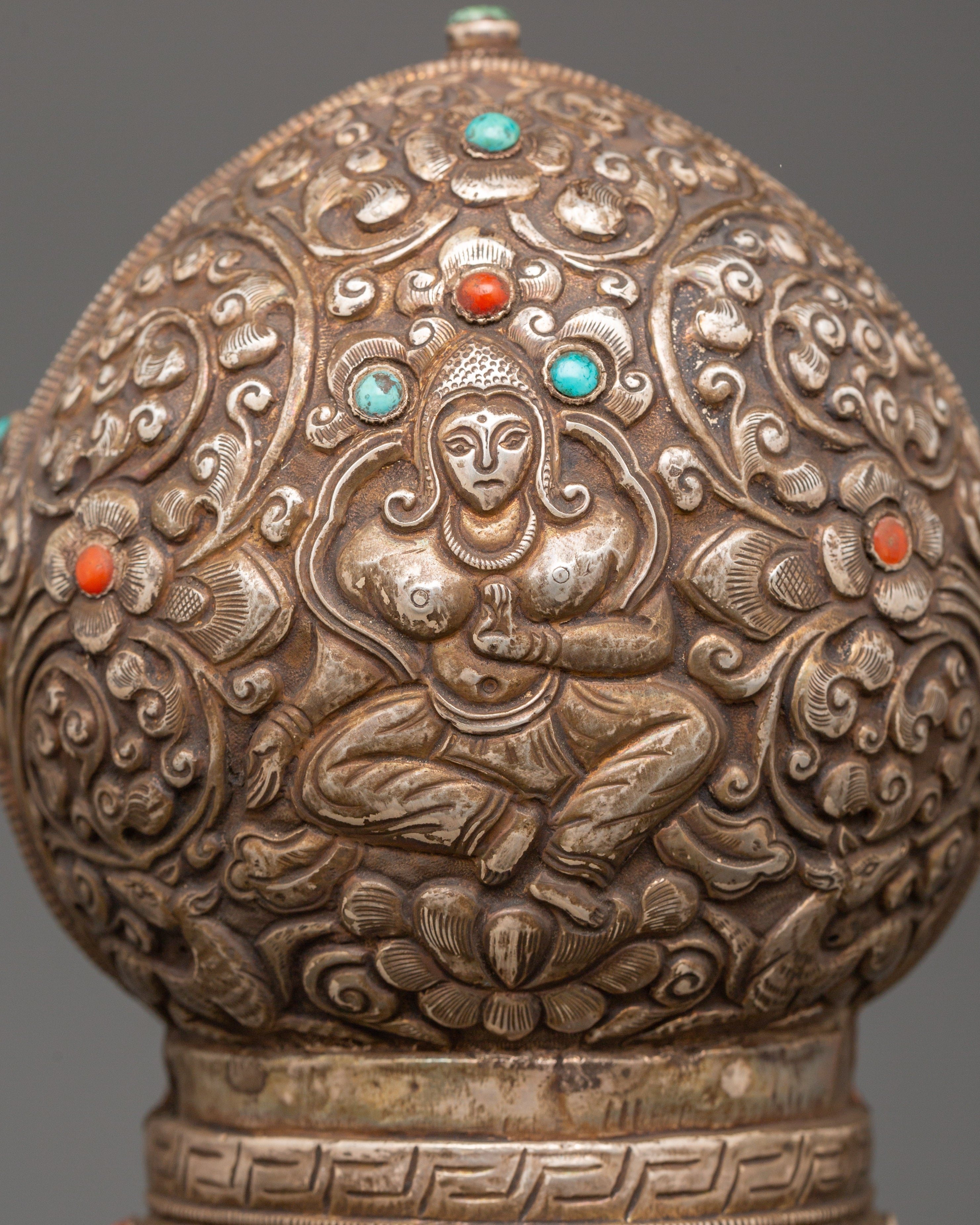 Pure Silver Tibetan Stamp | Handcrafted Ritual Seal with Turquoise & Coral Stone