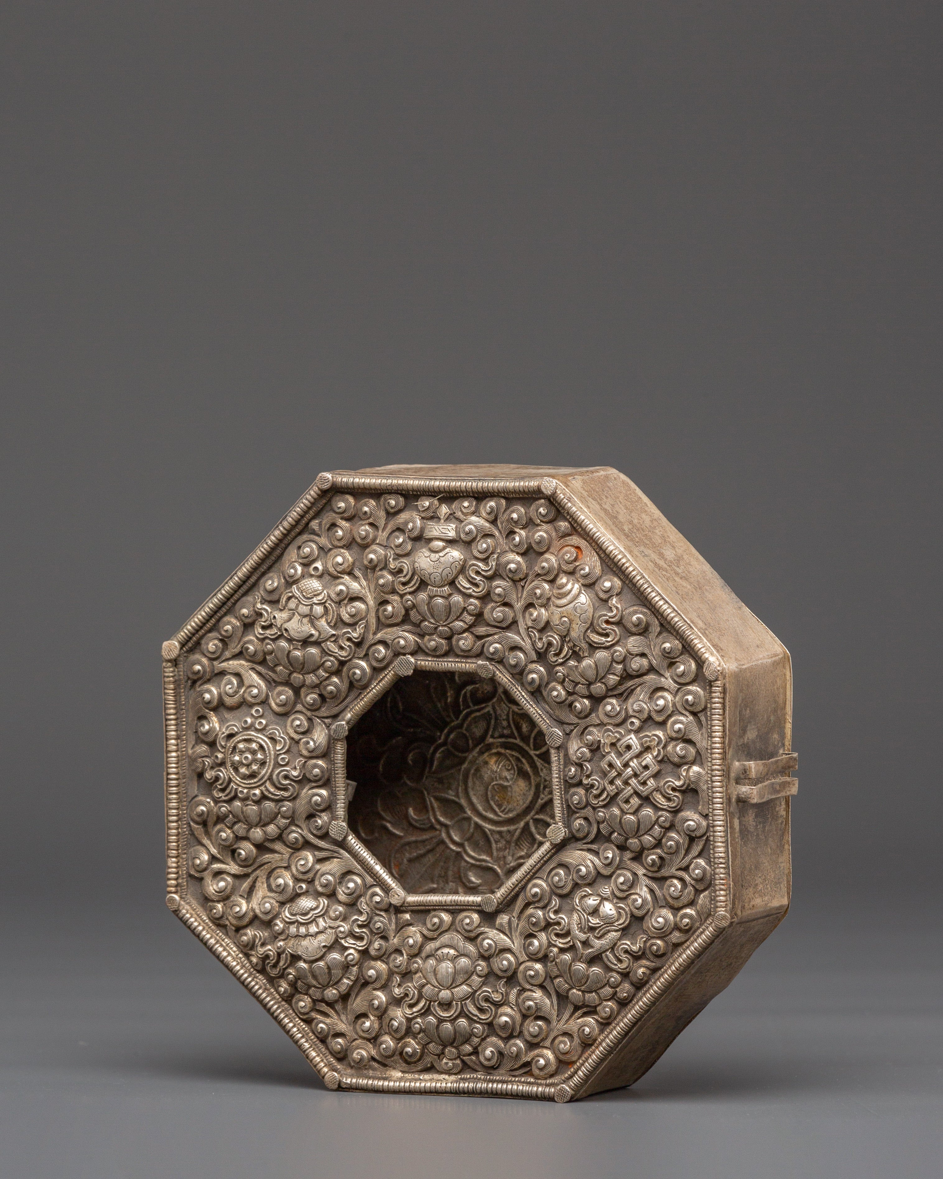Handmade Tibetan Silver Plated Ghau Box | Copper Body with Unique Motifs