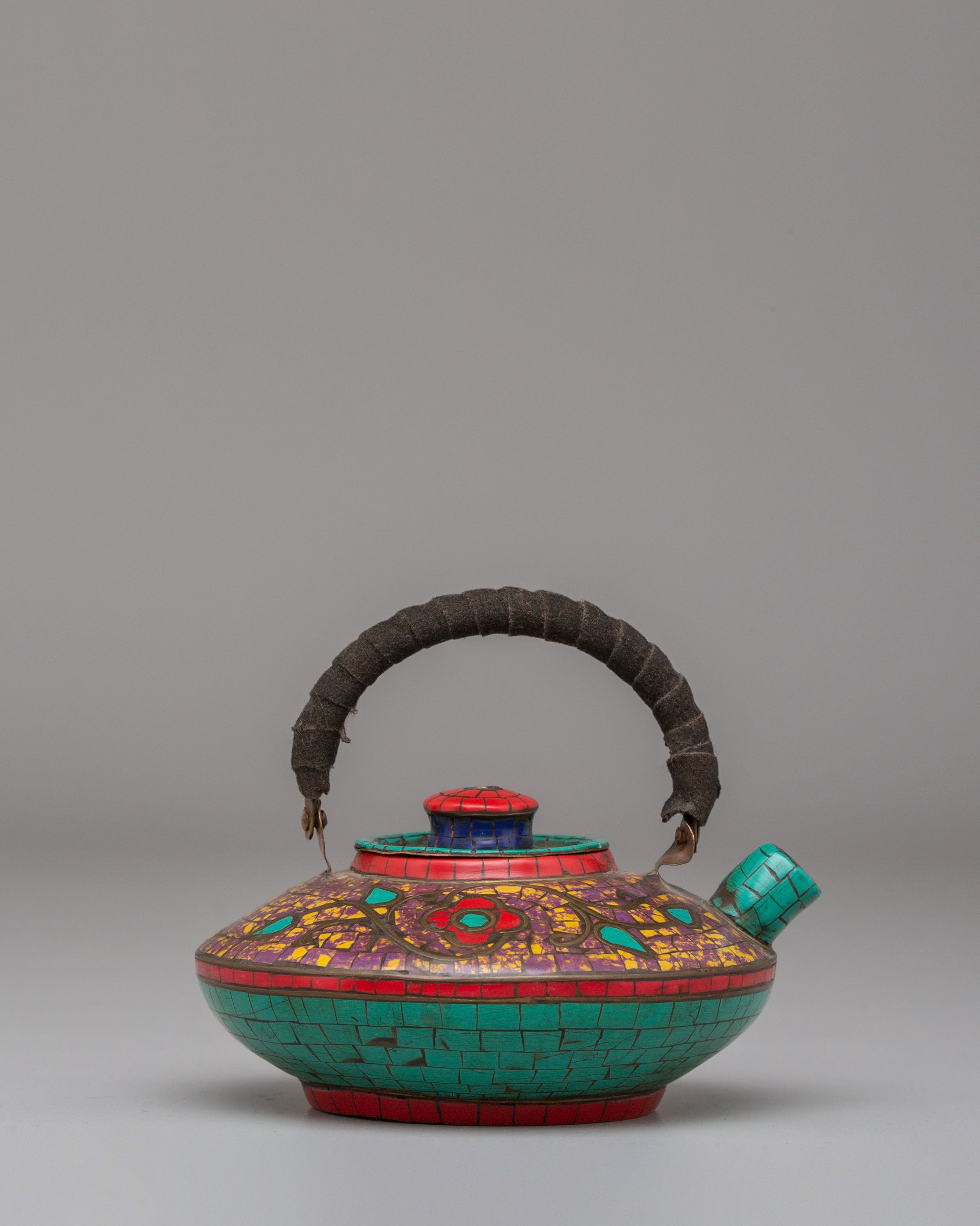 Handmade Buddhist Tea Pot | Copper with Coral, Lapis & Turquoise Stones