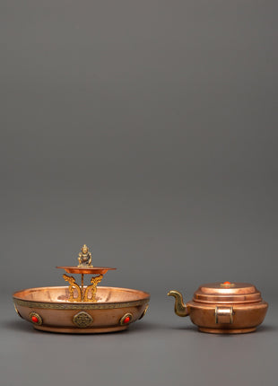 Tibetan Water Offering Set | Copper Plate & Pot for Rituals