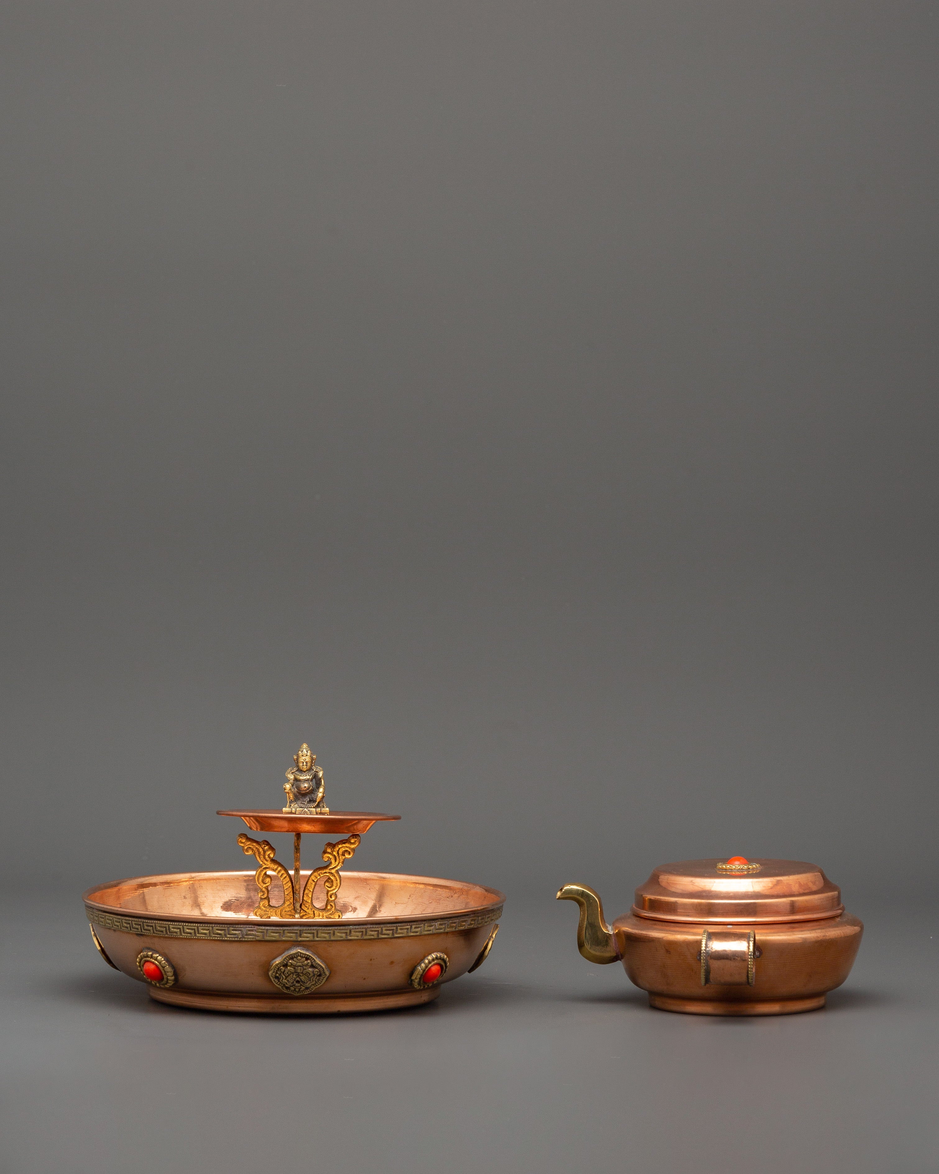 Tibetan Water Offering Set | Copper Plate & Pot for Rituals