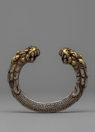Exquisite Newari Dragon-Head Bracelet | Vintage Silver Bracelet with Gold Accents