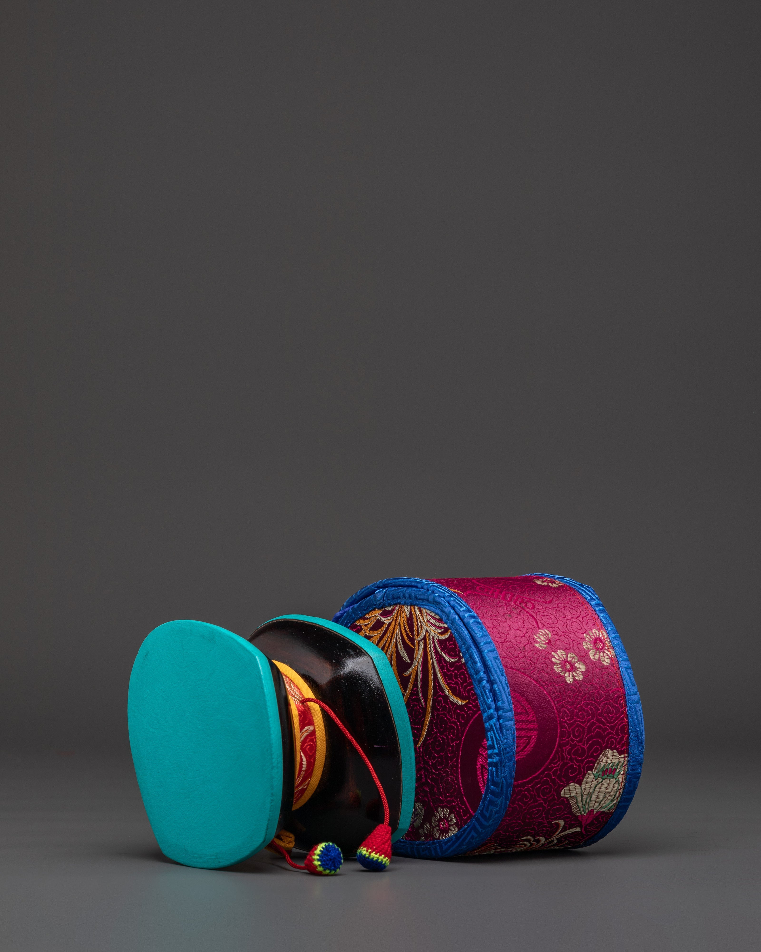 Traditional Buddhist Damaru Drum | Wooden Tibetan Ritual Instrument with Silk Brocade Cover